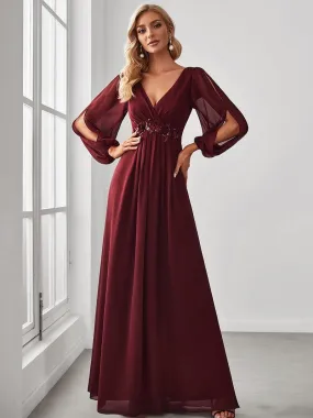 Long Lantern Sleeves V-neck A-LINE Chiffon Prom Dress