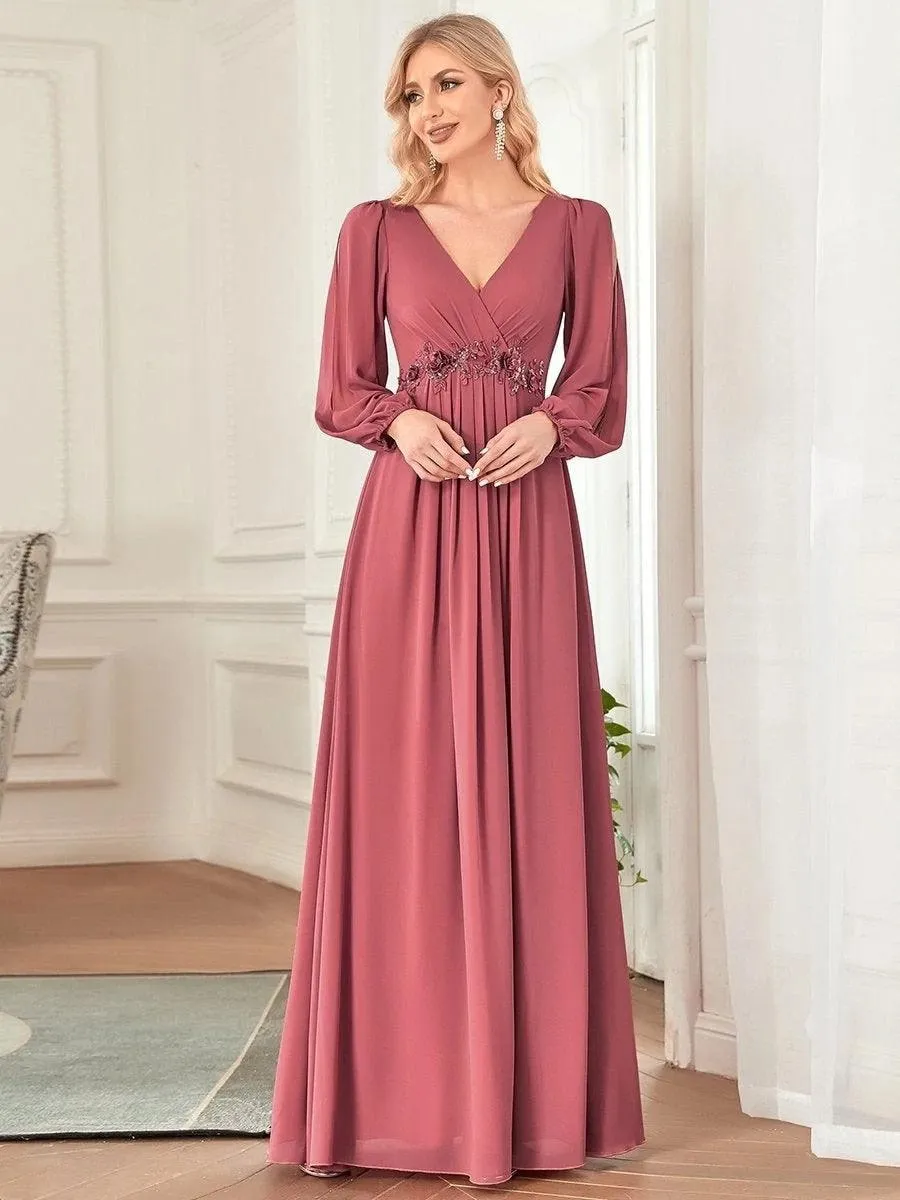 Long Lantern Sleeves V-neck A-LINE Chiffon Prom Dress