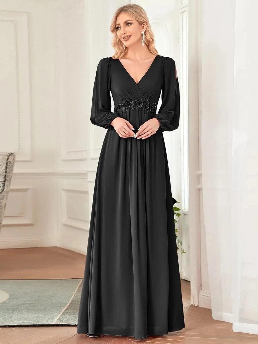 Long Lantern Sleeves V-neck A-LINE Chiffon Prom Dress