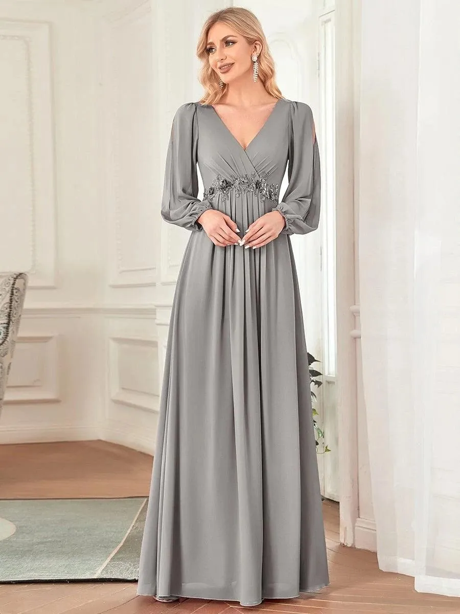 Long Lantern Sleeves V-neck A-LINE Chiffon Prom Dress