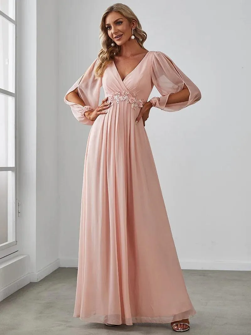 Long Lantern Sleeves V-neck A-LINE Chiffon Prom Dress