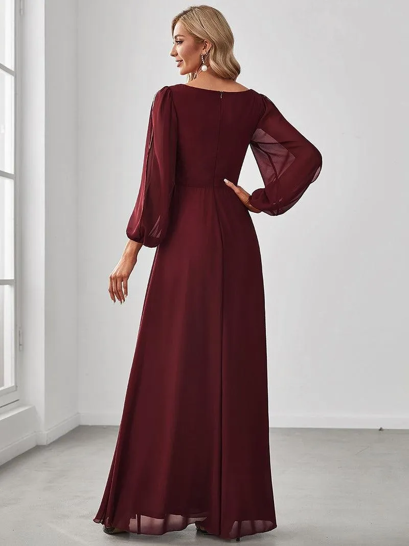 Long Lantern Sleeves V-neck A-LINE Chiffon Prom Dress