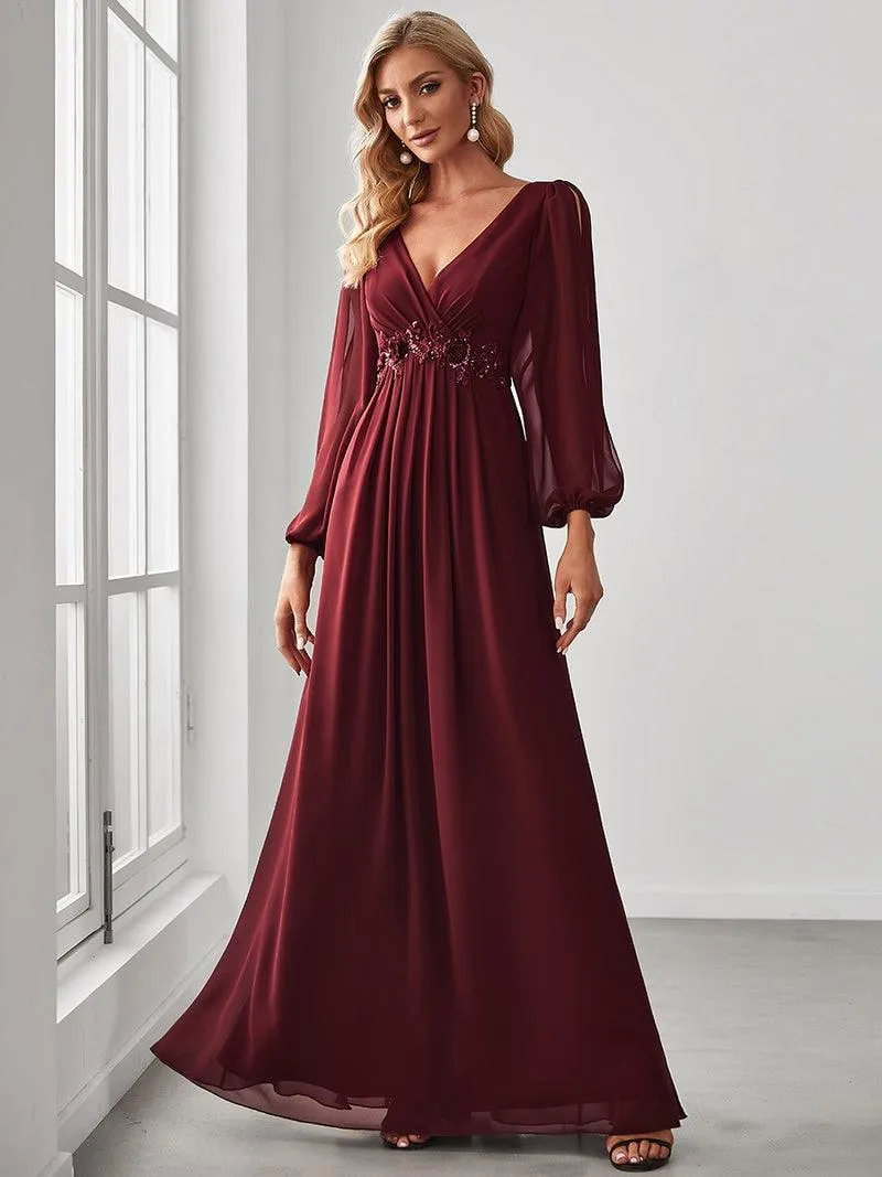 Long Lantern Sleeves V-neck A-LINE Chiffon Prom Dress