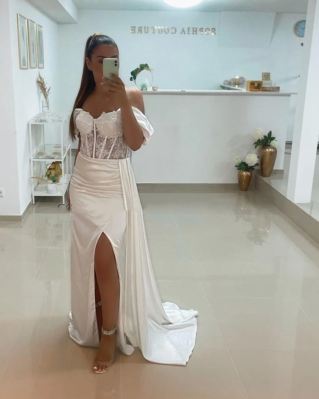 Long Off the Shoulder High Split Cocktail Gown