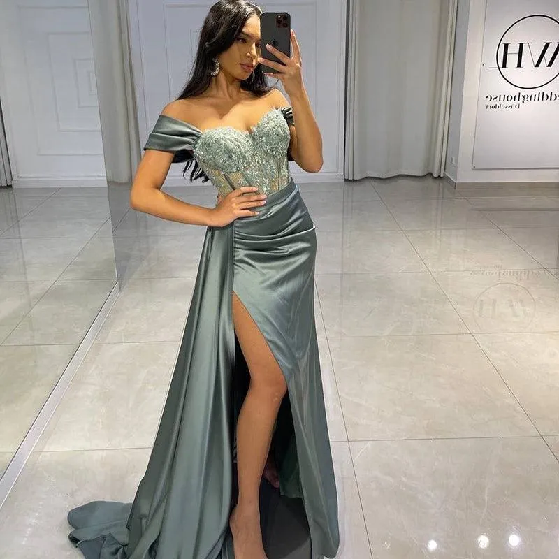 Long Off the Shoulder High Split Cocktail Gown