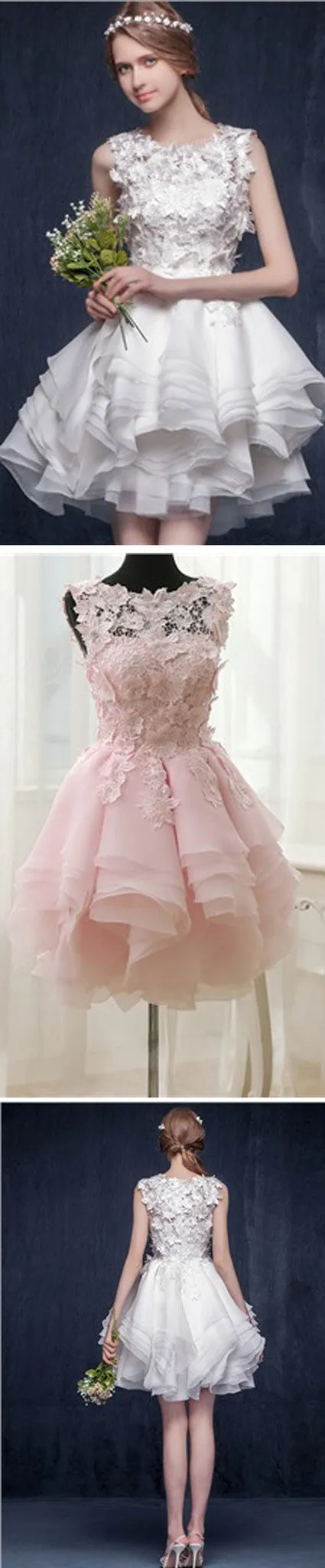 Lovely Scoop Neck Appliques Sleeveless Short Organza Ruffles Homecoming dresses Wedding Party Dresses, WD0169