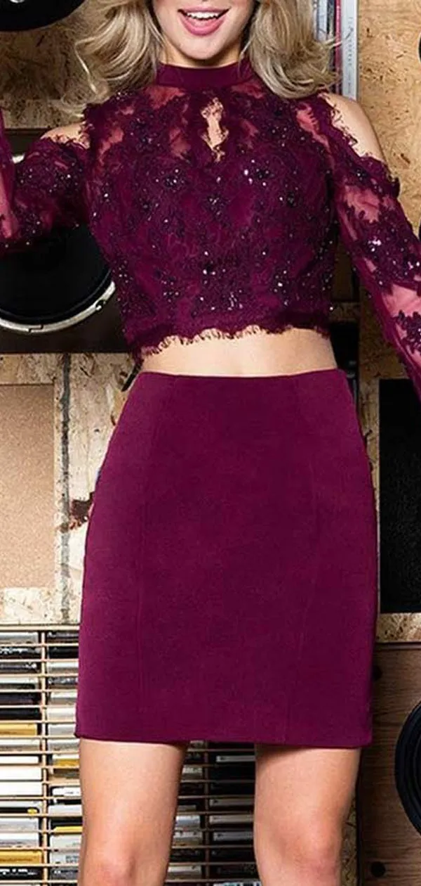 Maroon Two Piece Lace Beading Sheath Long Sleeve Homecoming Dresses,BD0197