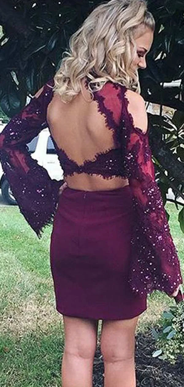 Maroon Two Piece Lace Beading Sheath Long Sleeve Homecoming Dresses,BD0197