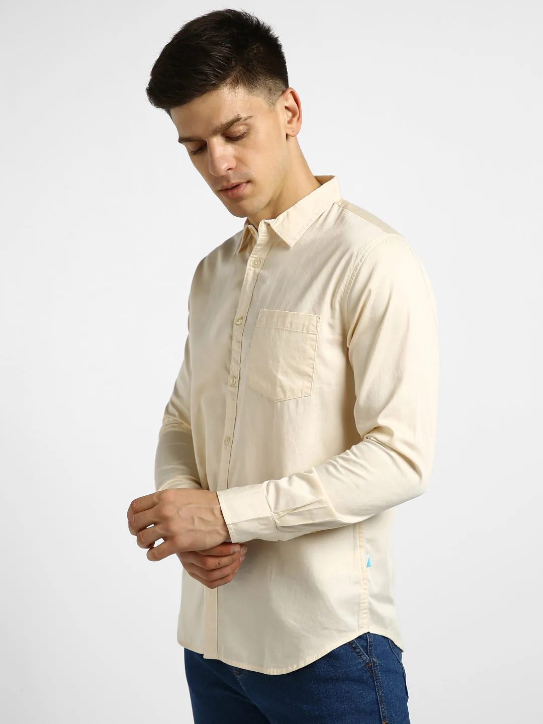 Men's Beige Cotton Full Sleeve Slim Fit Casual Solid Shirt