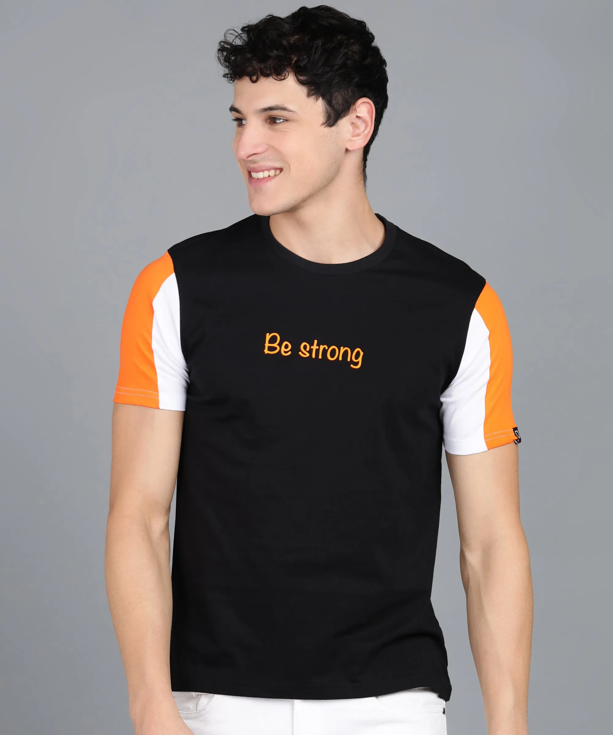 Men's Black, Orange, White Cotton Color-Block Slim Fit Half Sleeve T-Shirt