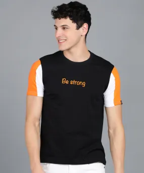 Men's Black, Orange, White Cotton Color-Block Slim Fit Half Sleeve T-Shirt