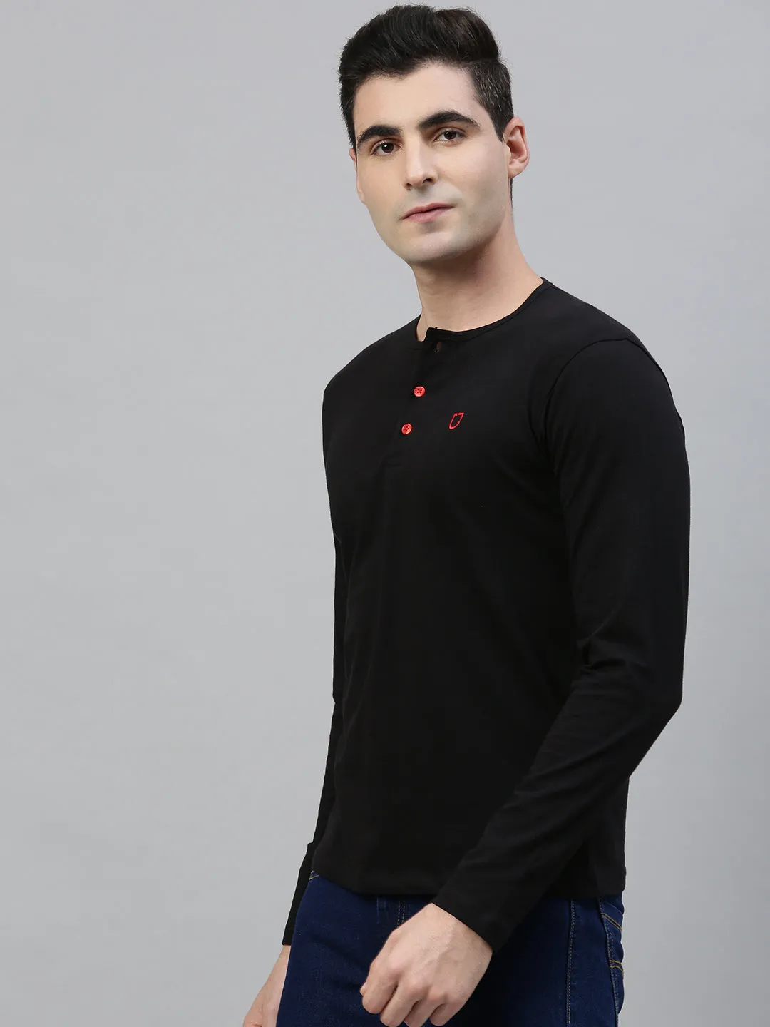 Men's Black Solid Henley Neck Slim Fit Cotton T-Shirt