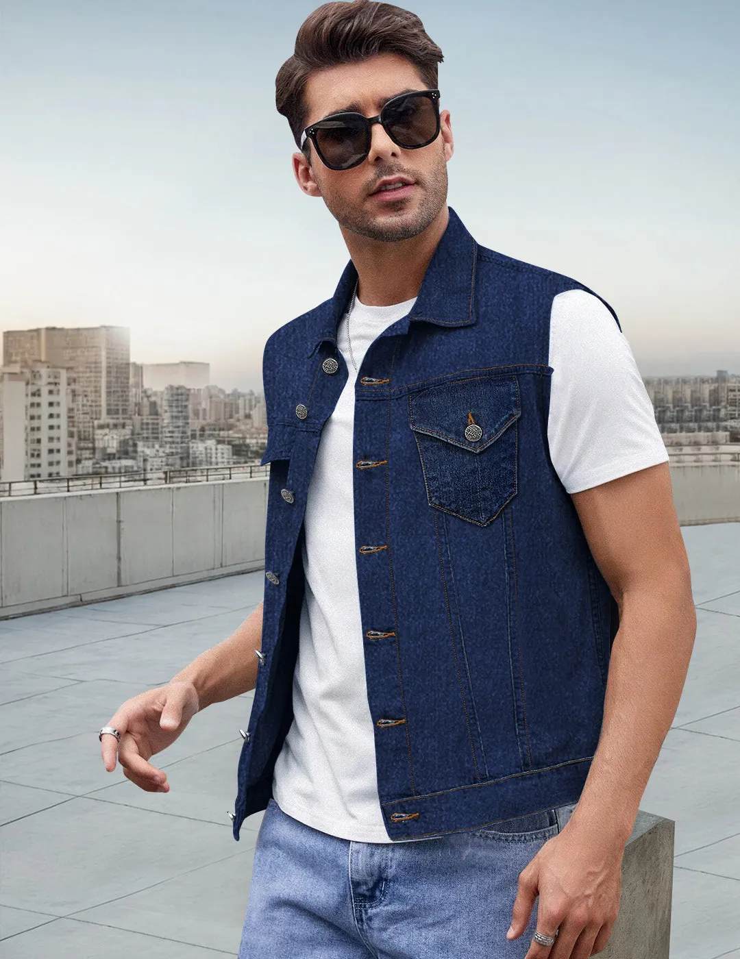 Men's Blue Slim Fit Washed Sleeveless Denim Jacket