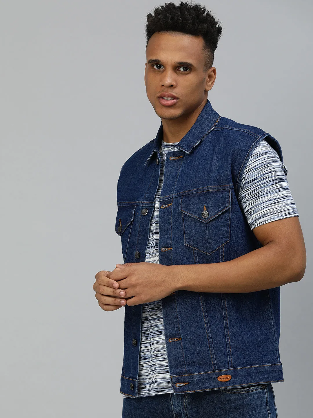 Men's Blue Slim Fit Washed Sleeveless Denim Jacket