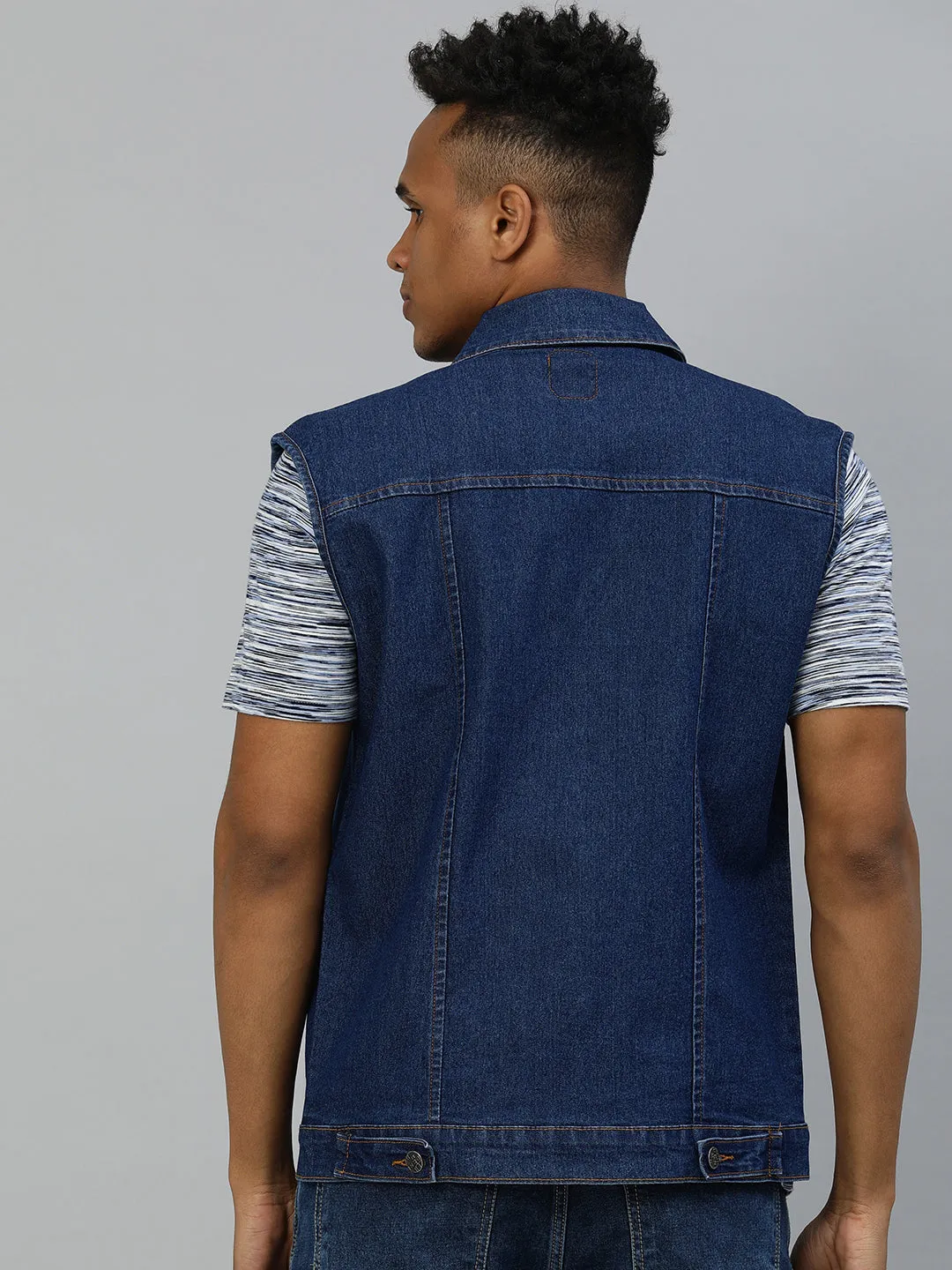 Men's Blue Slim Fit Washed Sleeveless Denim Jacket