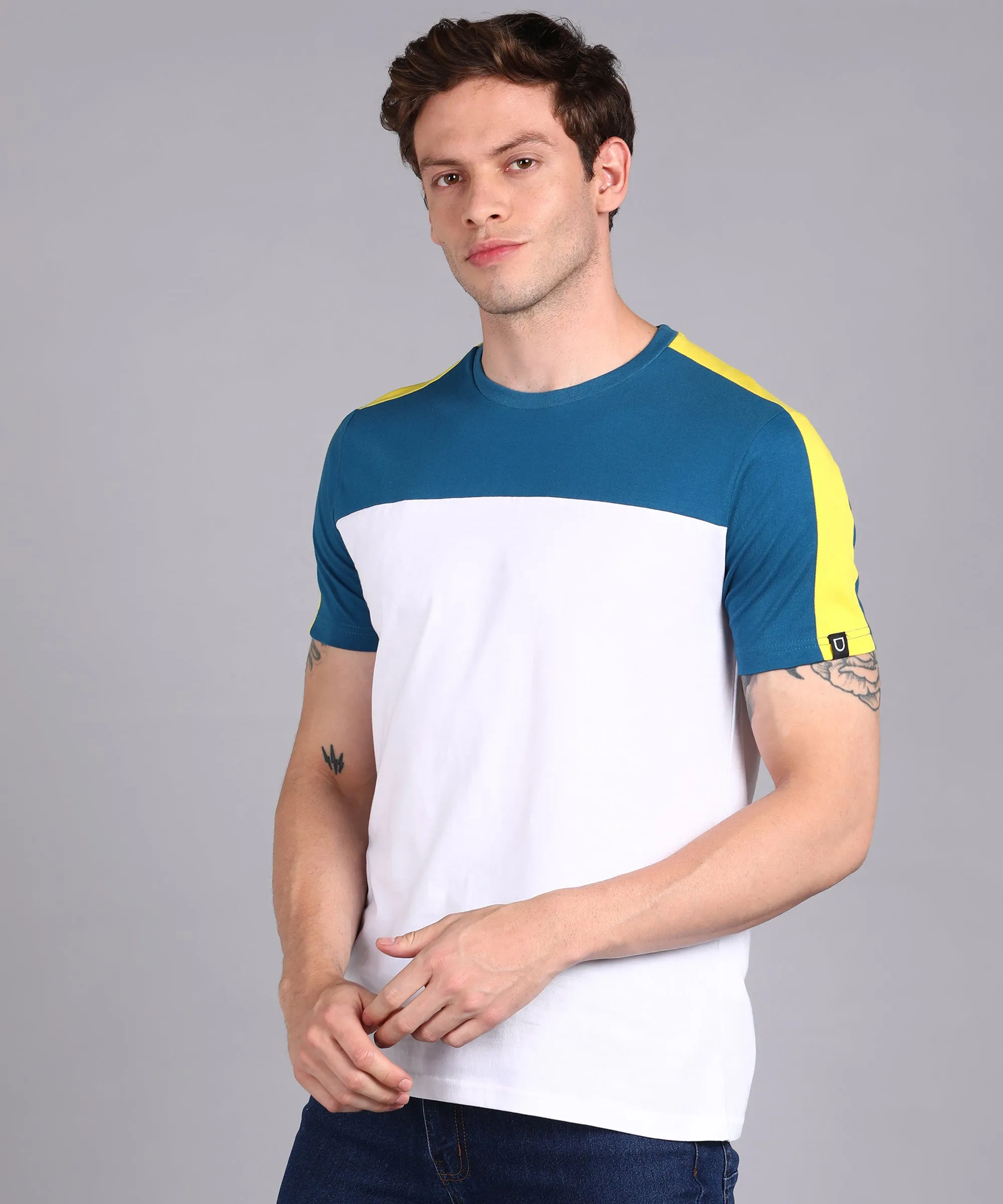 Men's Blue, White, Yellow Cotton Color-Block Slim Fit Half Sleeve T-Shirt