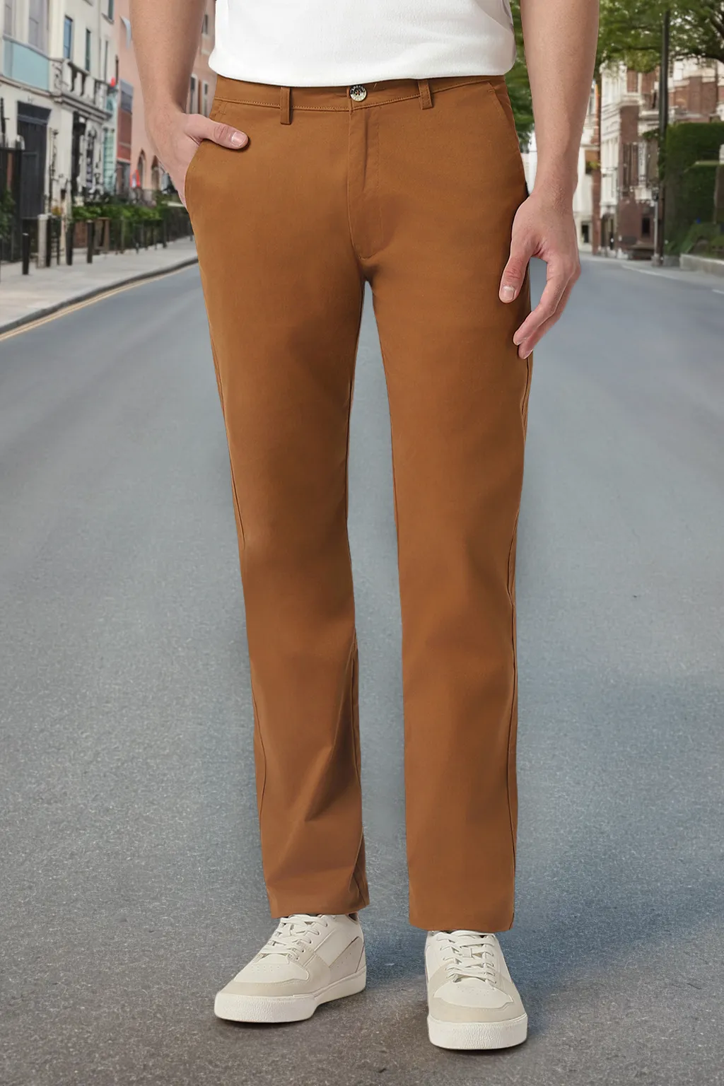 Men's Brown Cotton Slim Fit Casual Chinos Trousers Stretch