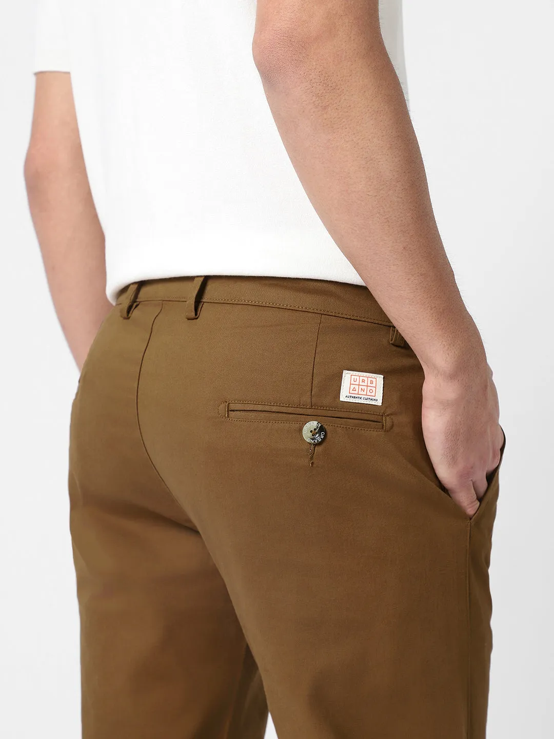 Men's Brown Cotton Slim Fit Casual Chinos Trousers Stretch