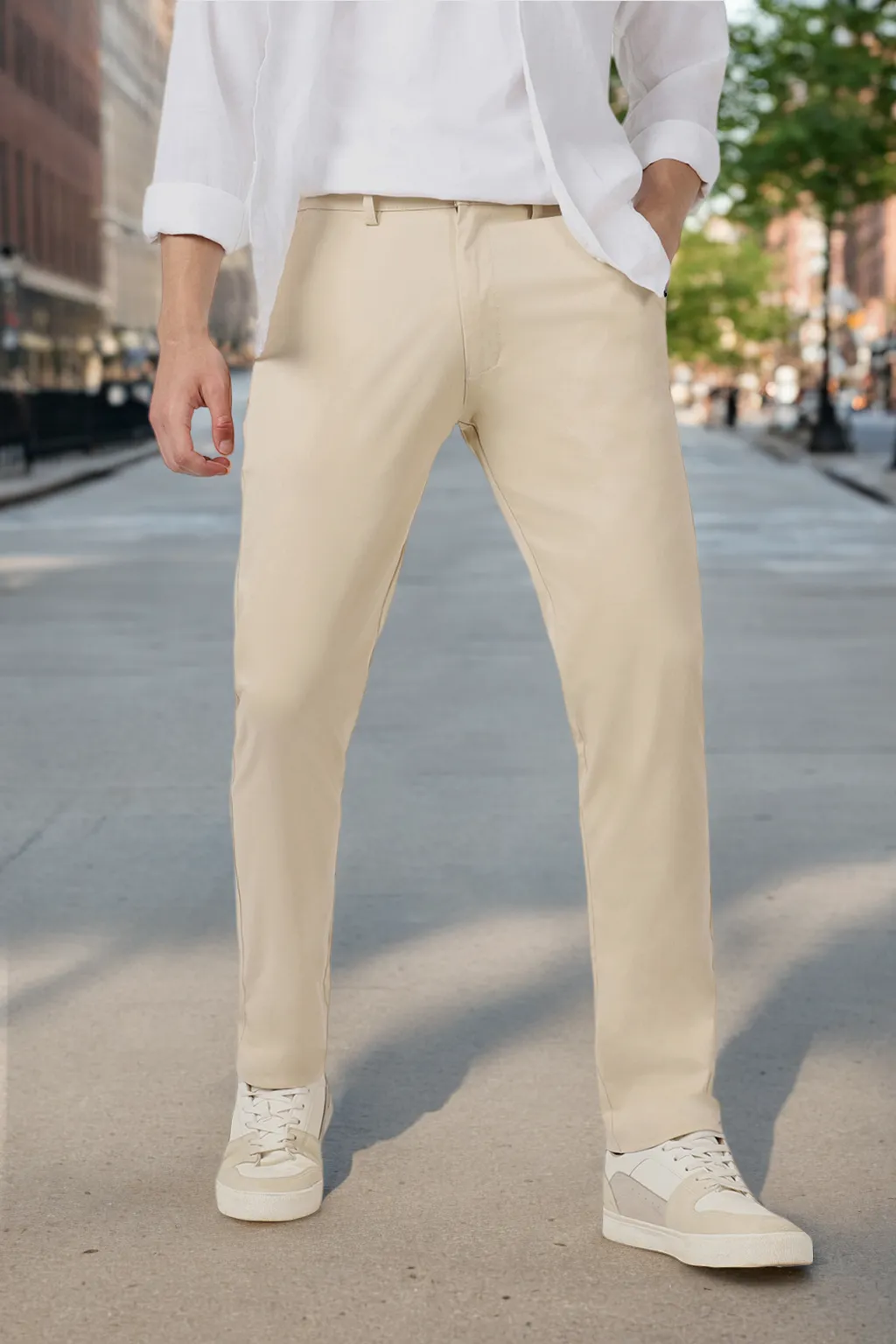 Men's Cream Cotton Slim Fit Casual Chinos Trousers Stretch