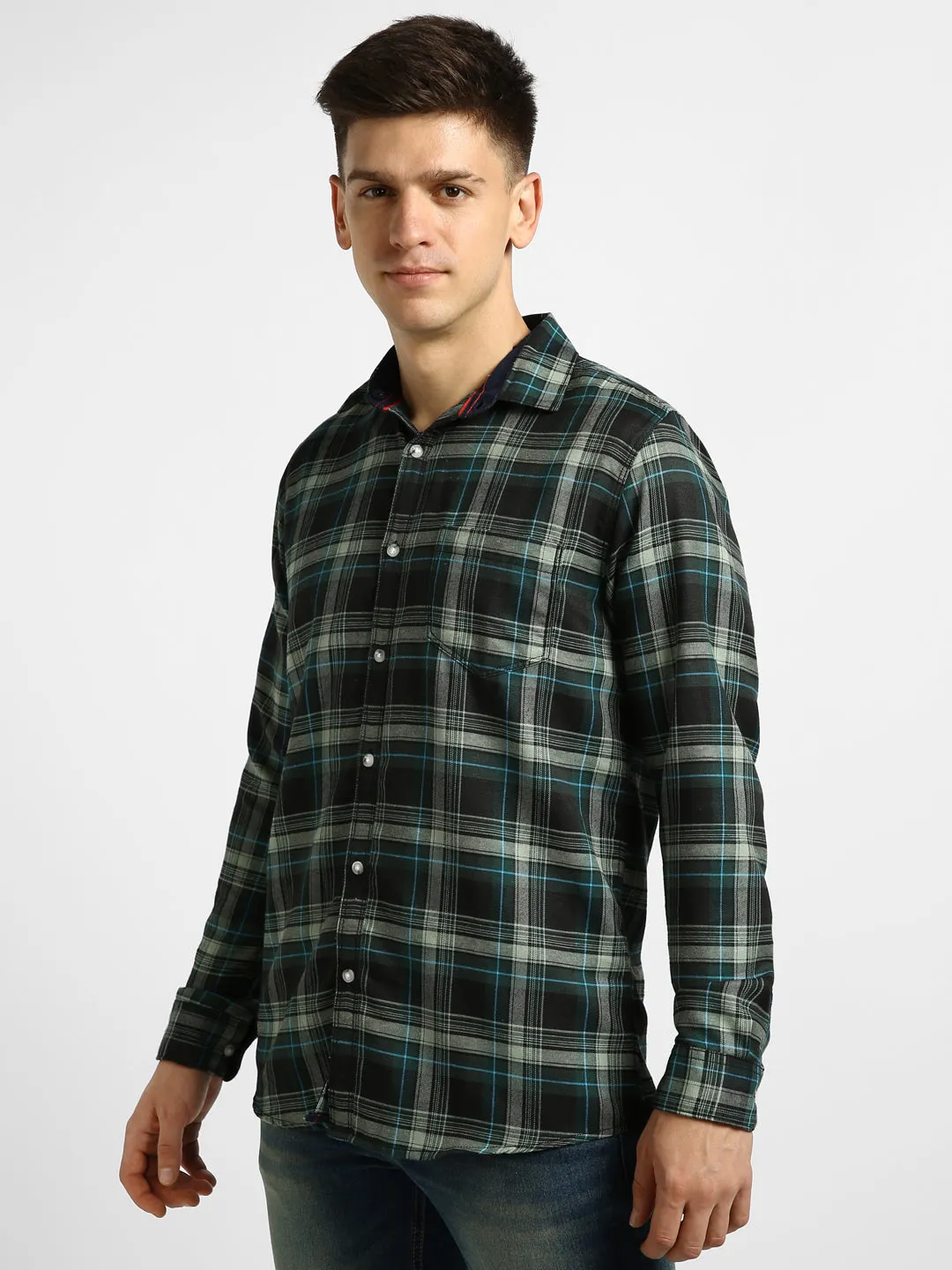 Men's Green Cotton Full Sleeve Slim Fit Casual Checkered Shirtwith Hooded Collar