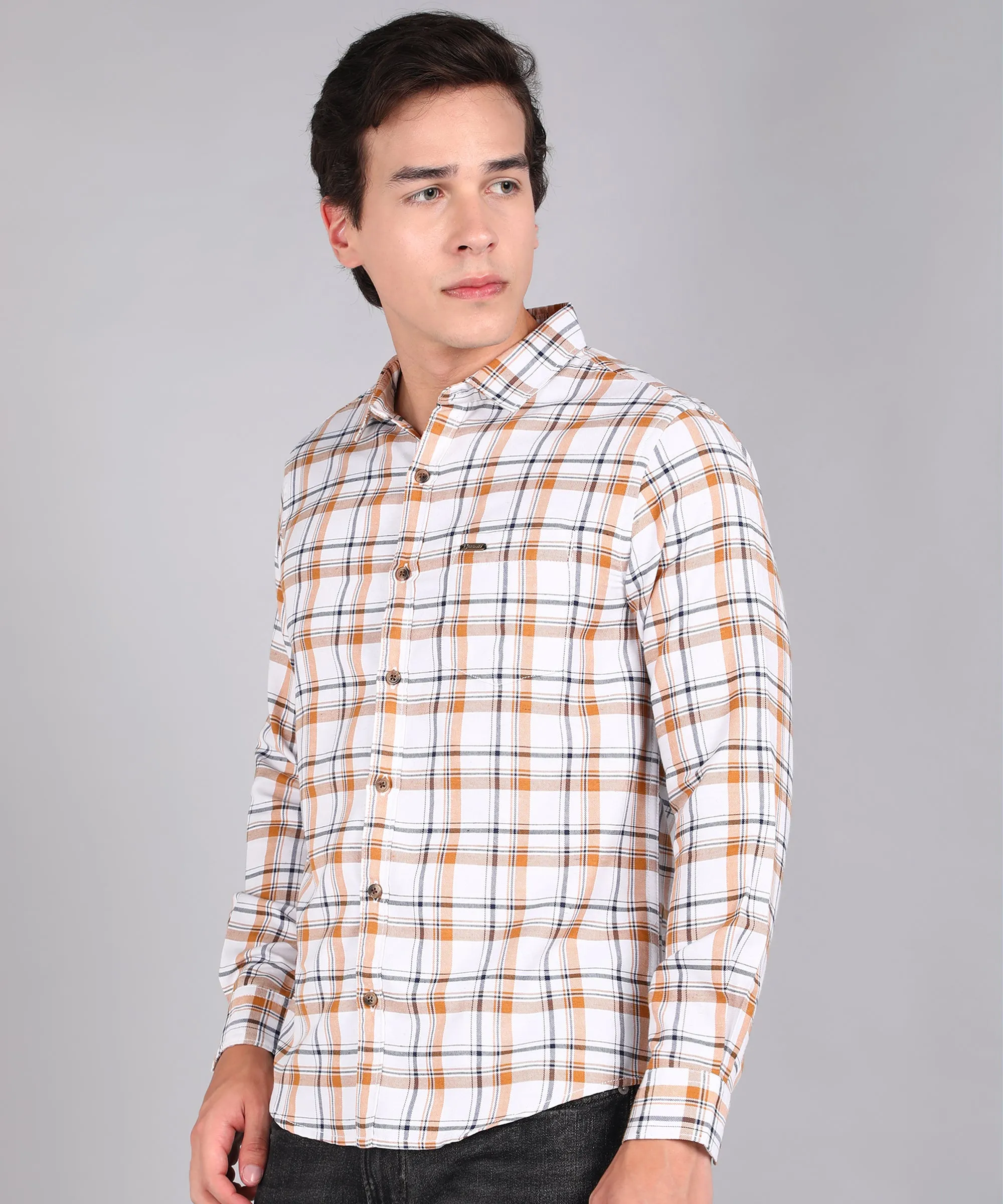 Men's White Cotton Full Sleeve Slim Fit Casual Checkered Shirt