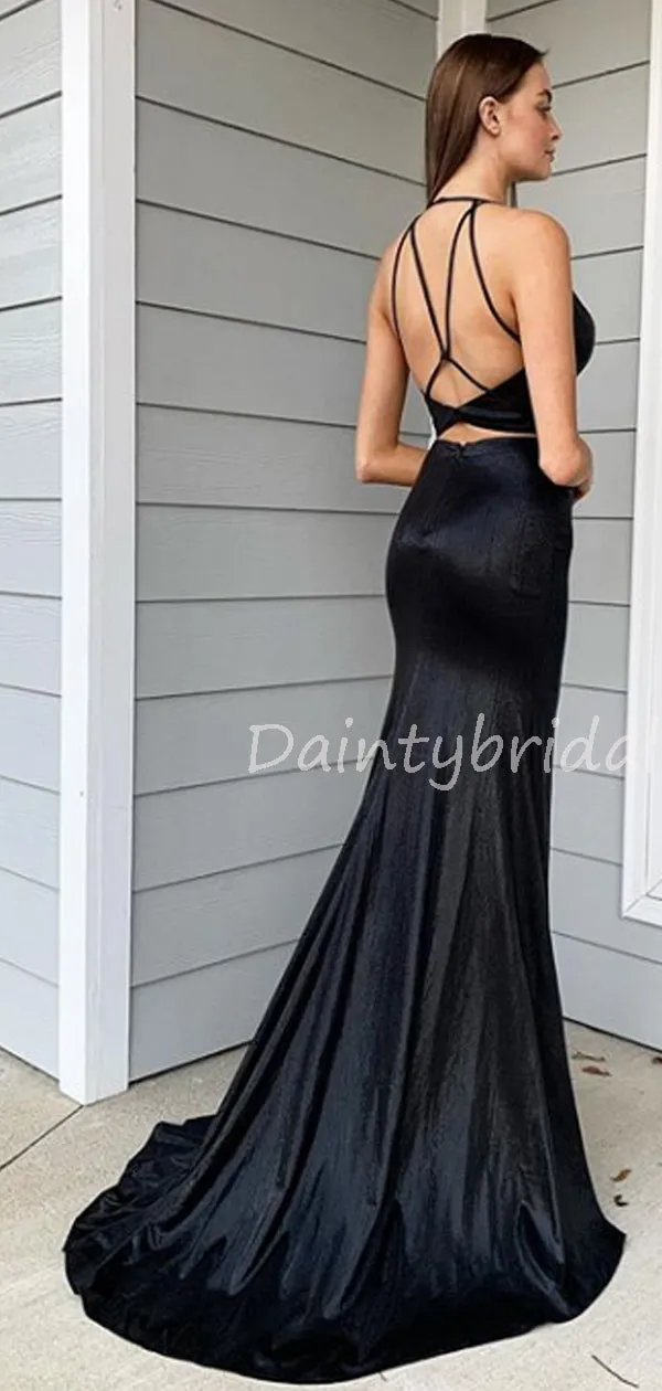 Mermaid Side Slit Satin Long Evening Dresses Prom Dresses.DB10515