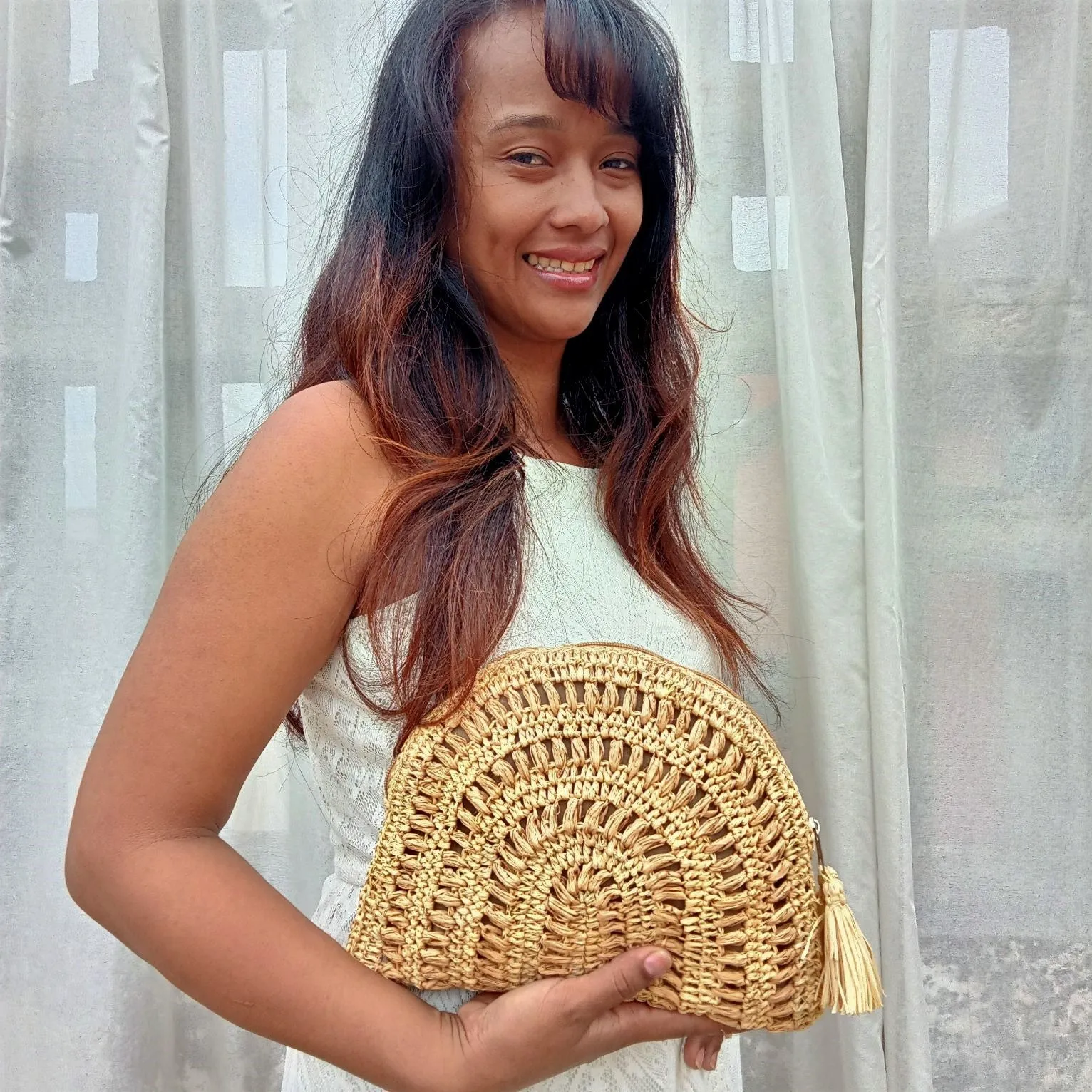 Meva in Natural | Half-moon Raffia Clutch Bag | Soava