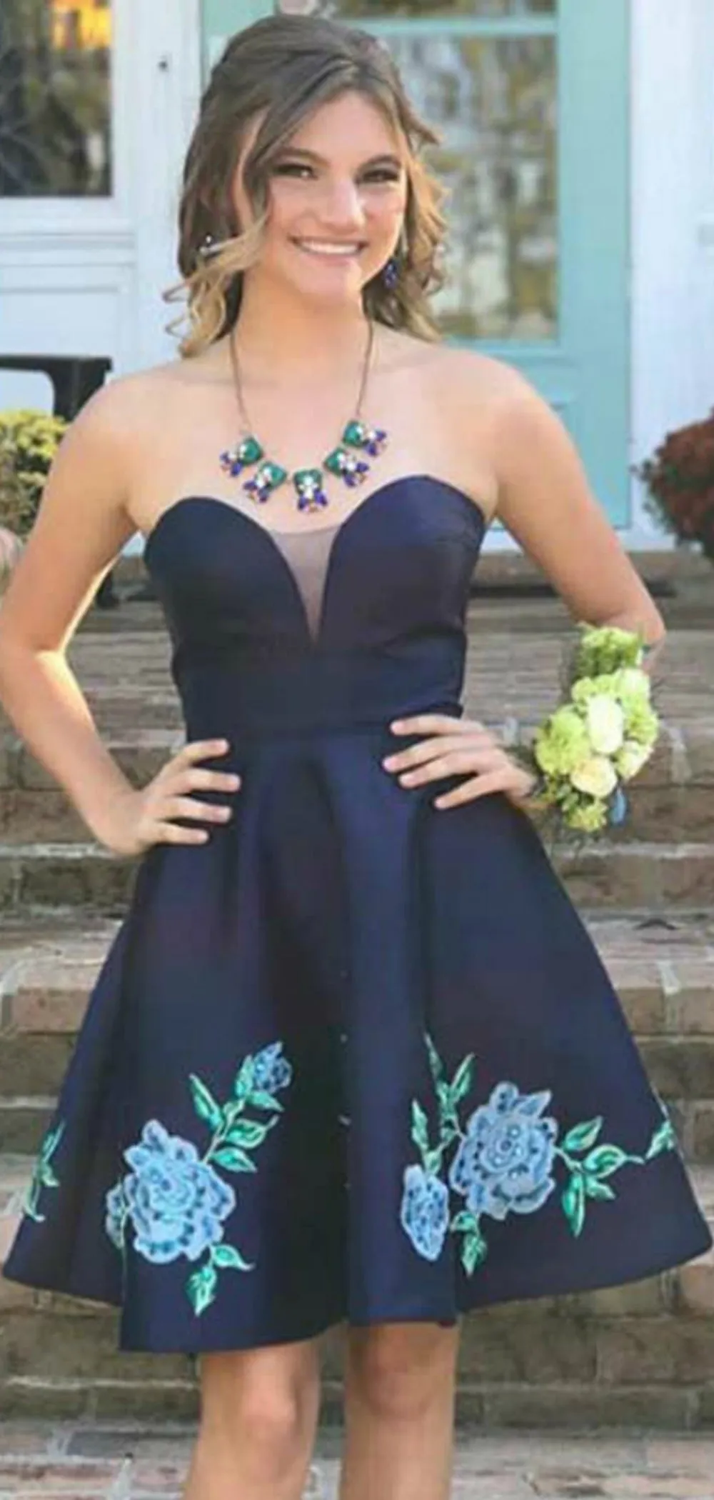 Navy Blue Strapless Floral Appliques Satin Homecoming Dresses ,BD0181