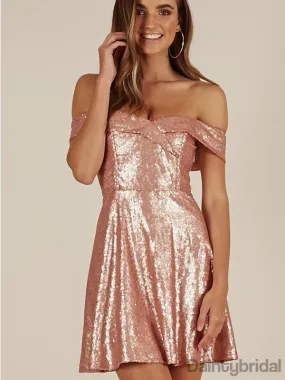 Off-shoulder Sequin A-line Pink Homecoming Dresses.BD10178