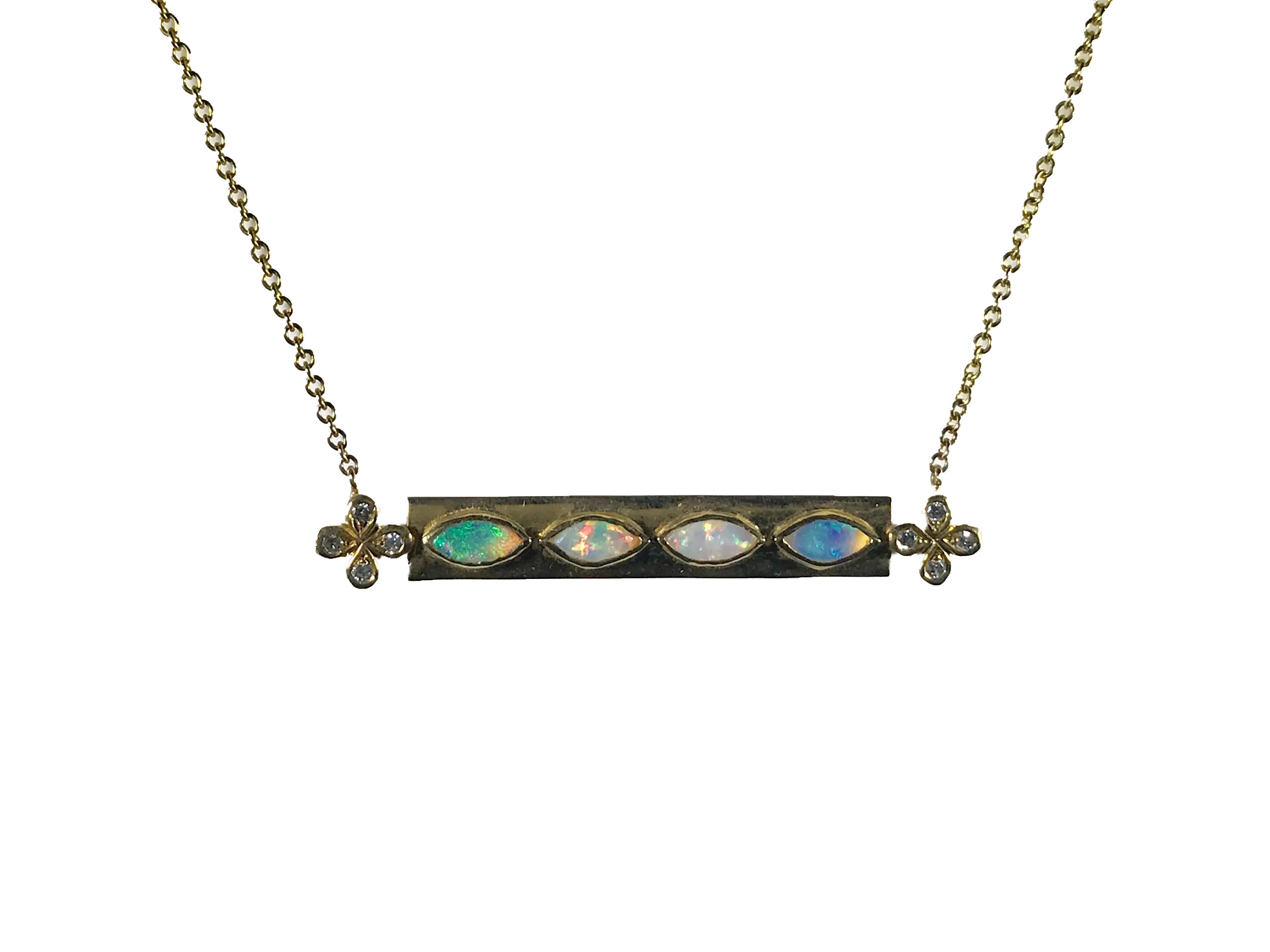 Opal and Diamond Bar Necklace with Diamond accents set in 18k Gold