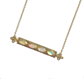 Opal and Diamond Bar Necklace with Diamond accents set in 18k Gold