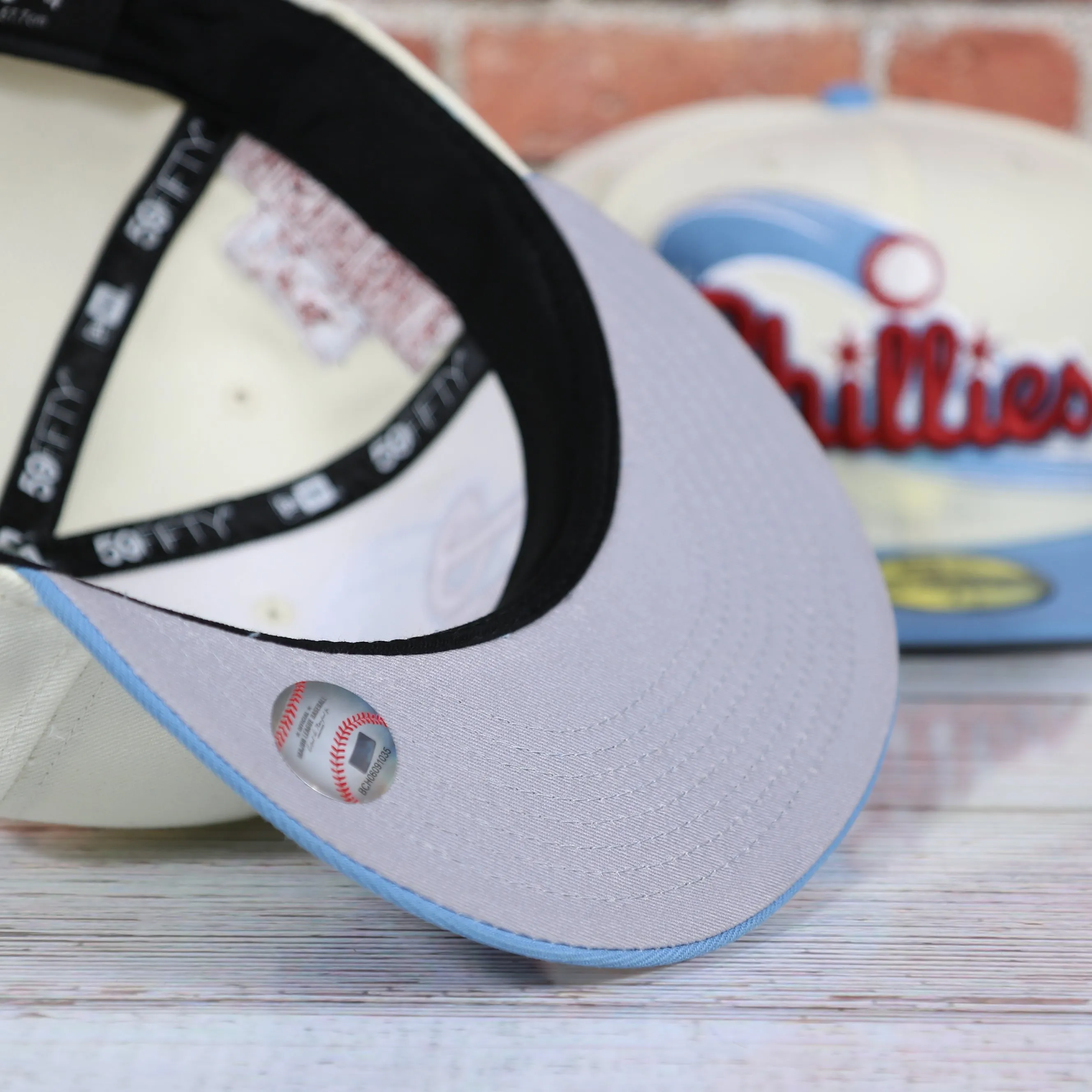 Philadelphia Phillies Cooperstown Script Wordmark 1996 All Star Side Patch Grey UV 59Fifty Fitted Cap | Chrome/Powder Blue Cap S