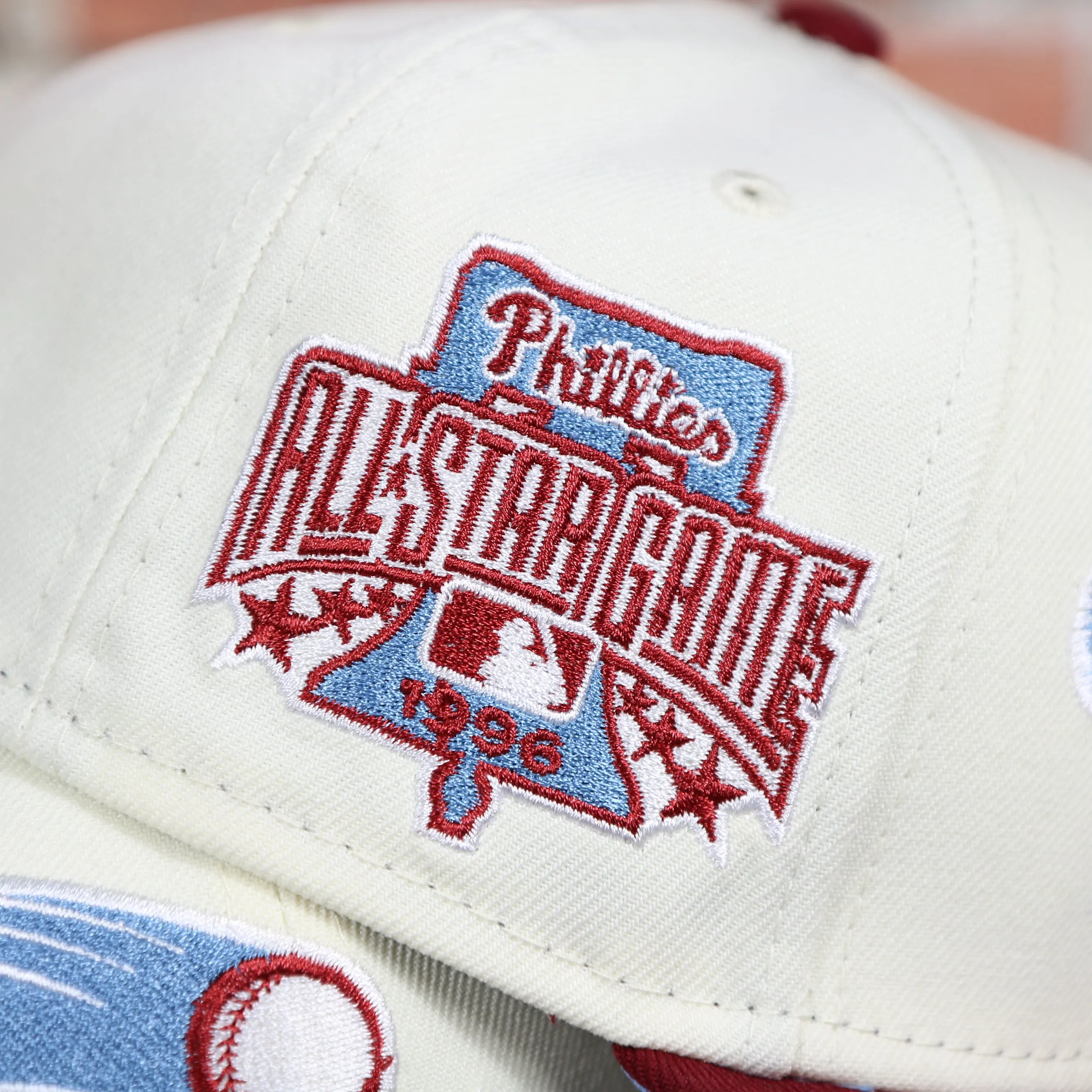 Philadelphia Phillies Cooperstown Script Wordmark 1996 All Star Side Patch Powder Blue UV 59Fifty Fitted Cap | Chrome/Maroon Cap