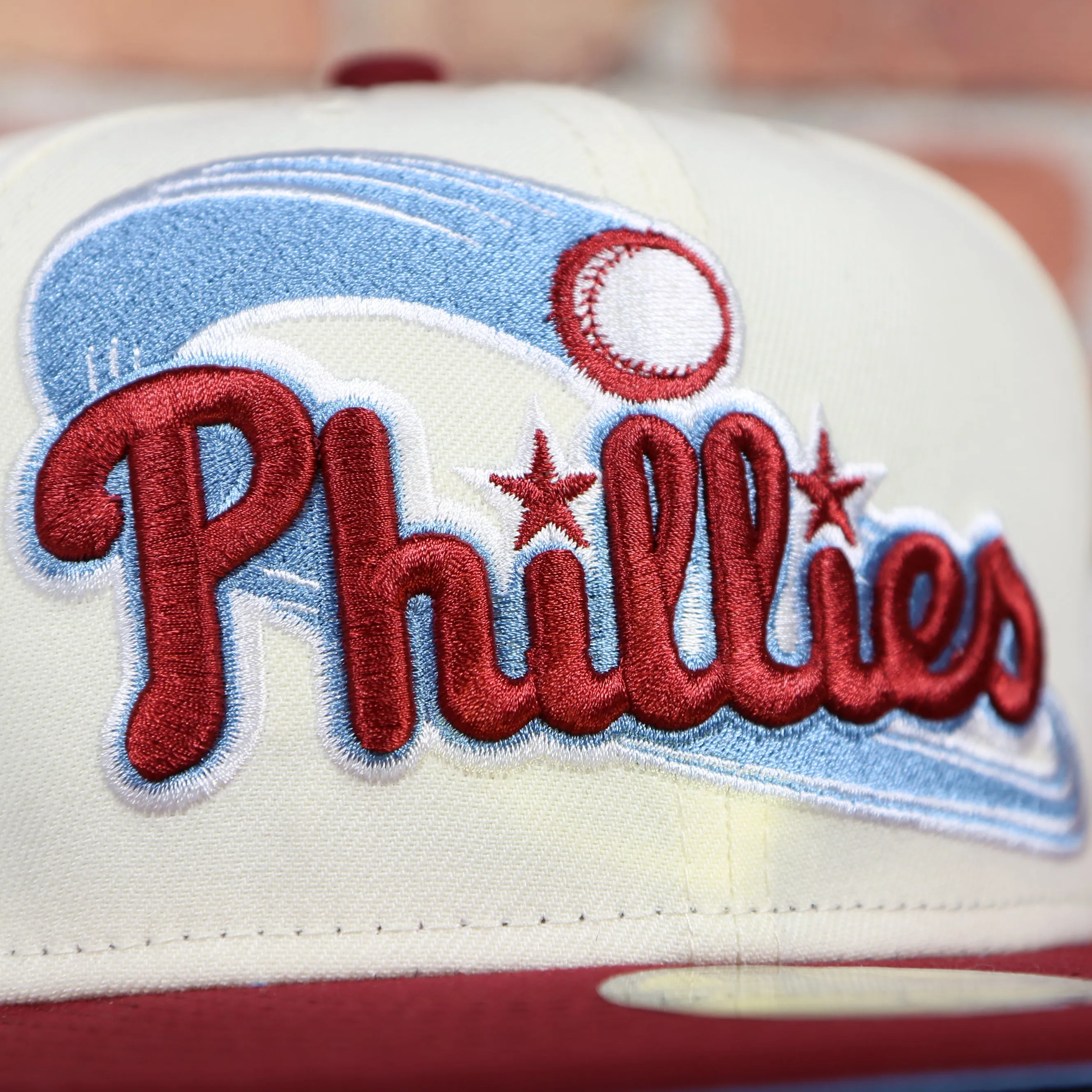 Philadelphia Phillies Cooperstown Script Wordmark 1996 All Star Side Patch Powder Blue UV 59Fifty Fitted Cap | Chrome/Maroon Cap