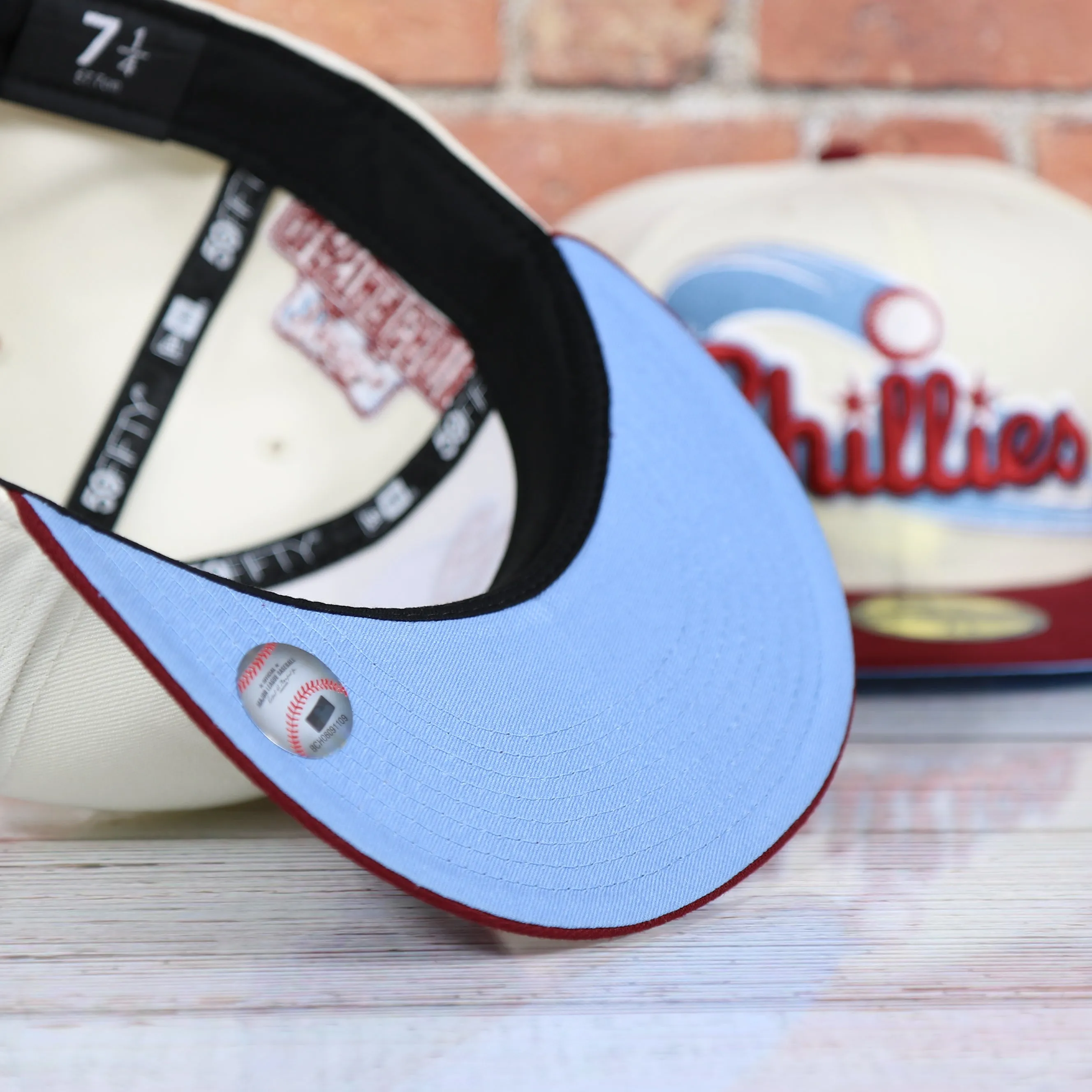 Philadelphia Phillies Cooperstown Script Wordmark 1996 All Star Side Patch Powder Blue UV 59Fifty Fitted Cap | Chrome/Maroon Cap