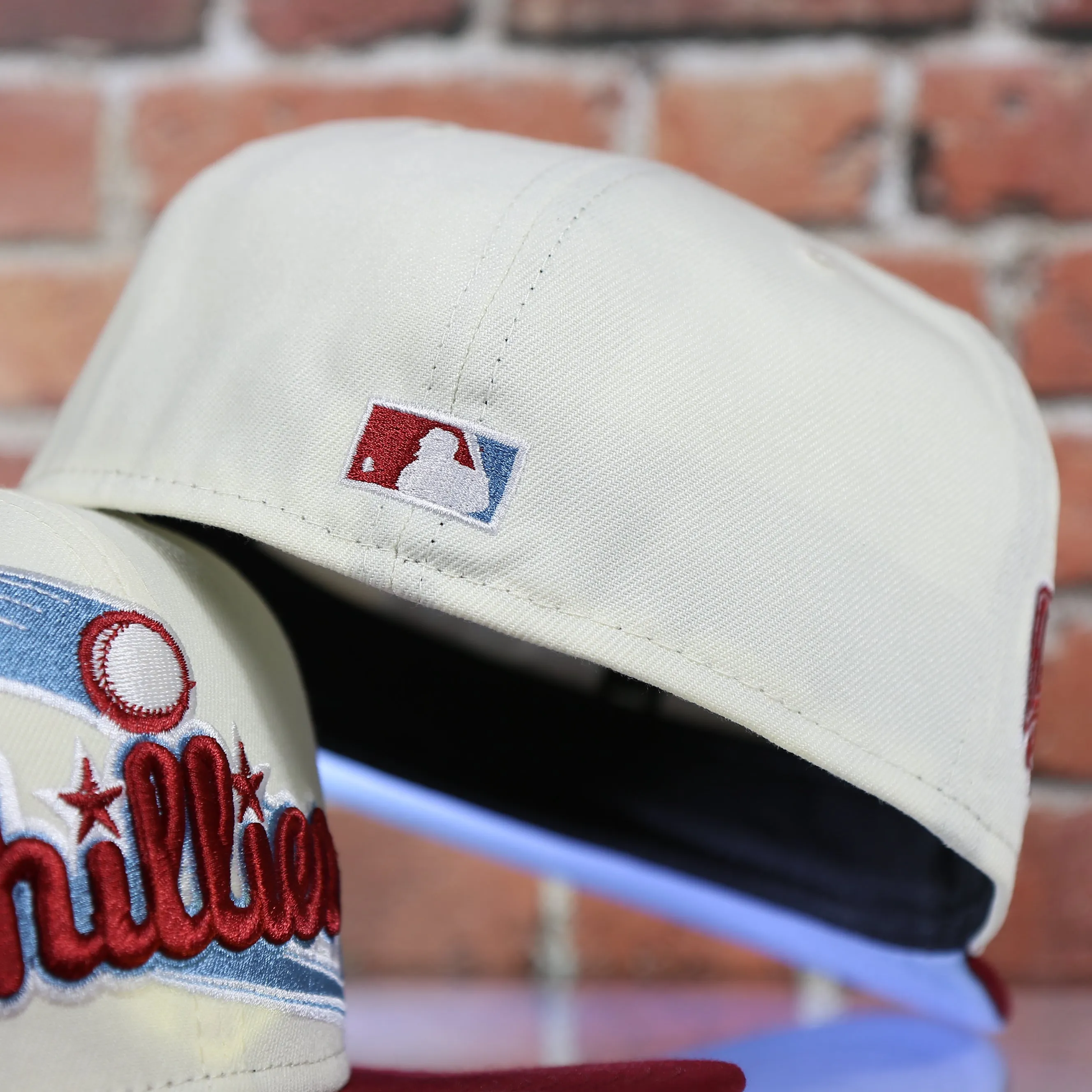 Philadelphia Phillies Cooperstown Script Wordmark 1996 All Star Side Patch Powder Blue UV 59Fifty Fitted Cap | Chrome/Maroon Cap