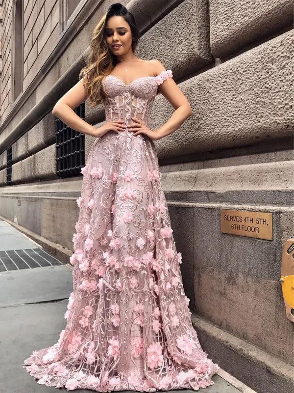 Pink Lace Applique Off Shoulder Illusion Prom Dresses, DB1101