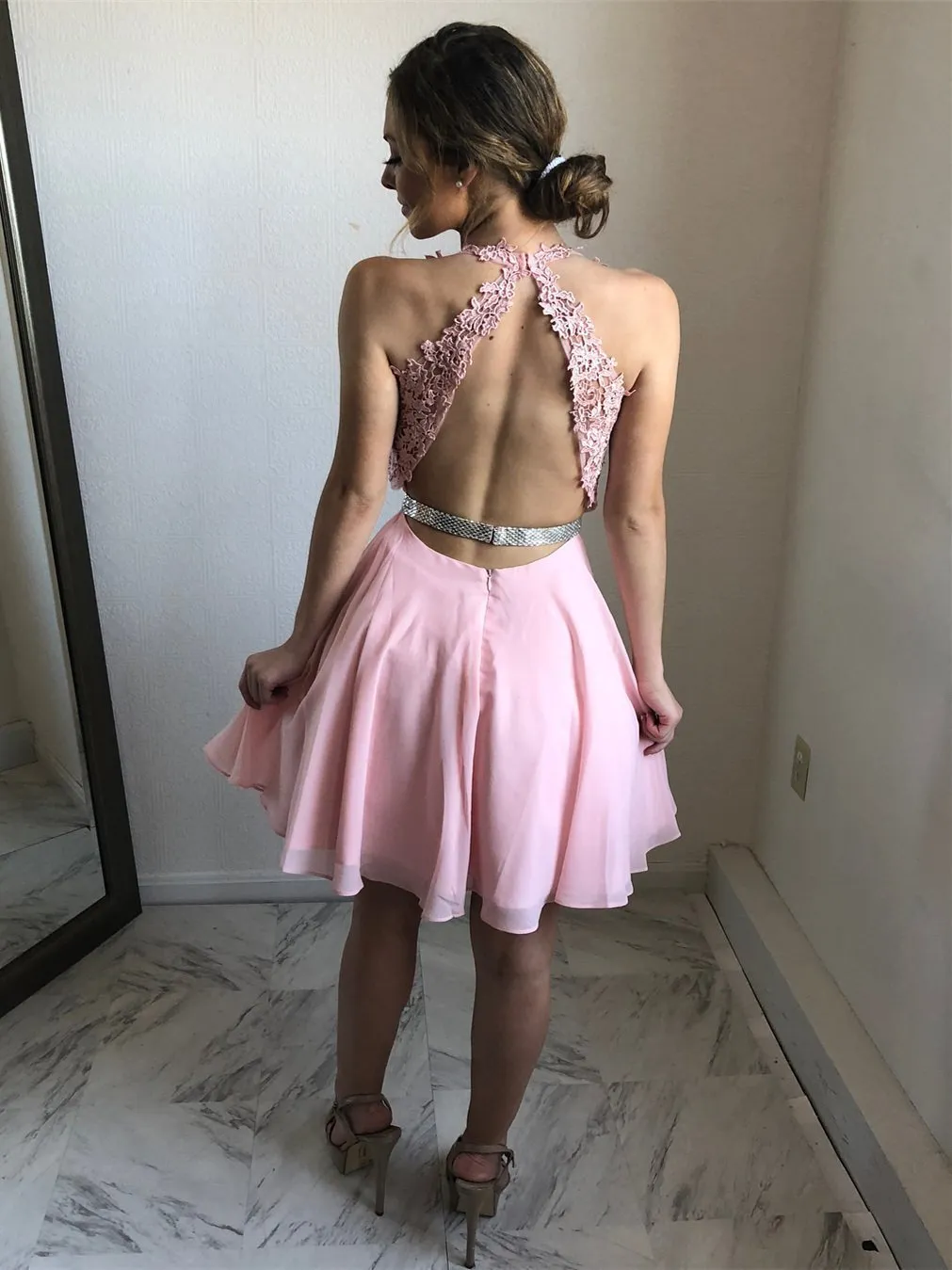 Pink Lace Chiffon V-neck Open Back Homecoming Dresses ,BD0175