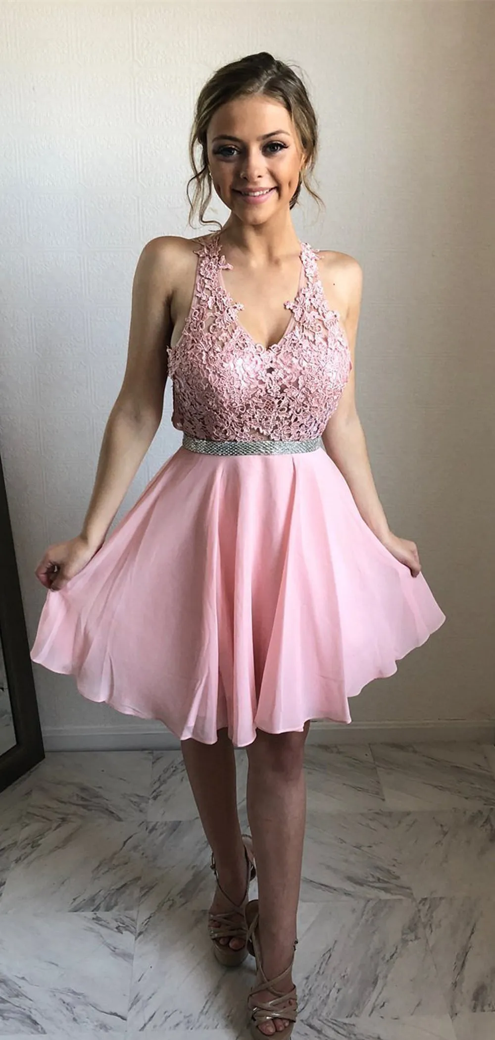 Pink Lace Chiffon V-neck Open Back Homecoming Dresses ,BD0175