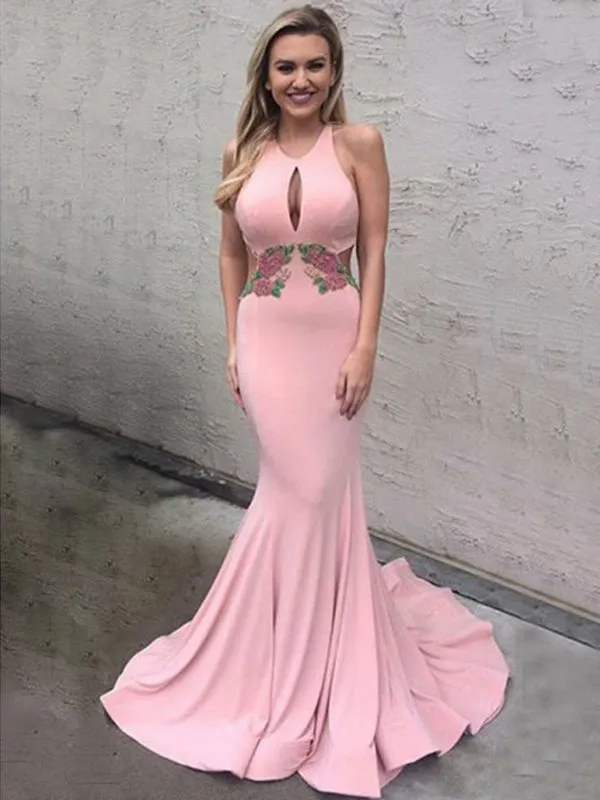 Pink Satin Applique Halter Mermaid Prom Dresses, DB1078