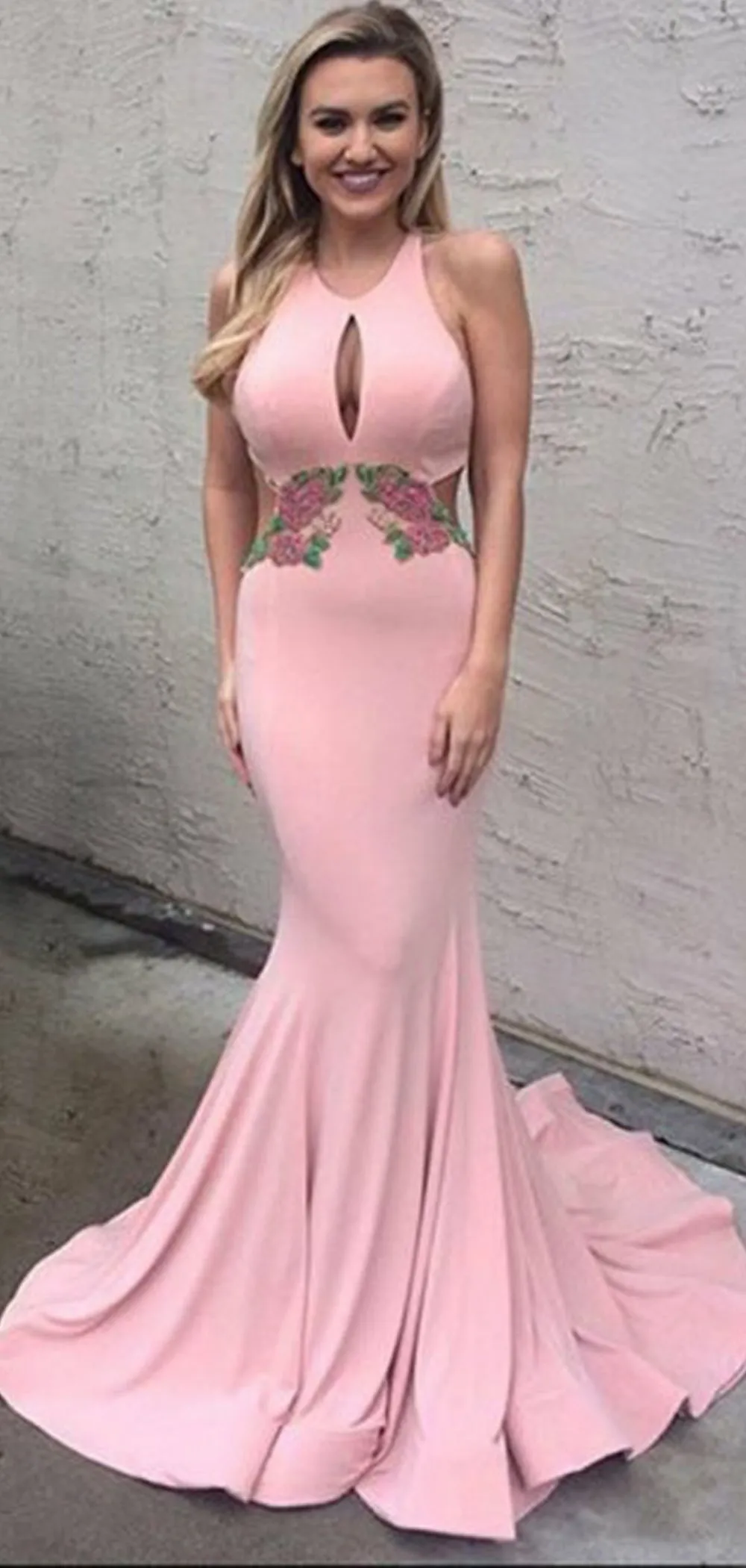 Pink Satin Applique Halter Mermaid Prom Dresses, DB1078