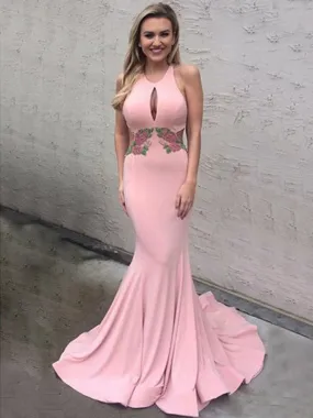 Pink Satin Applique Halter Mermaid Prom Dresses, DB1078