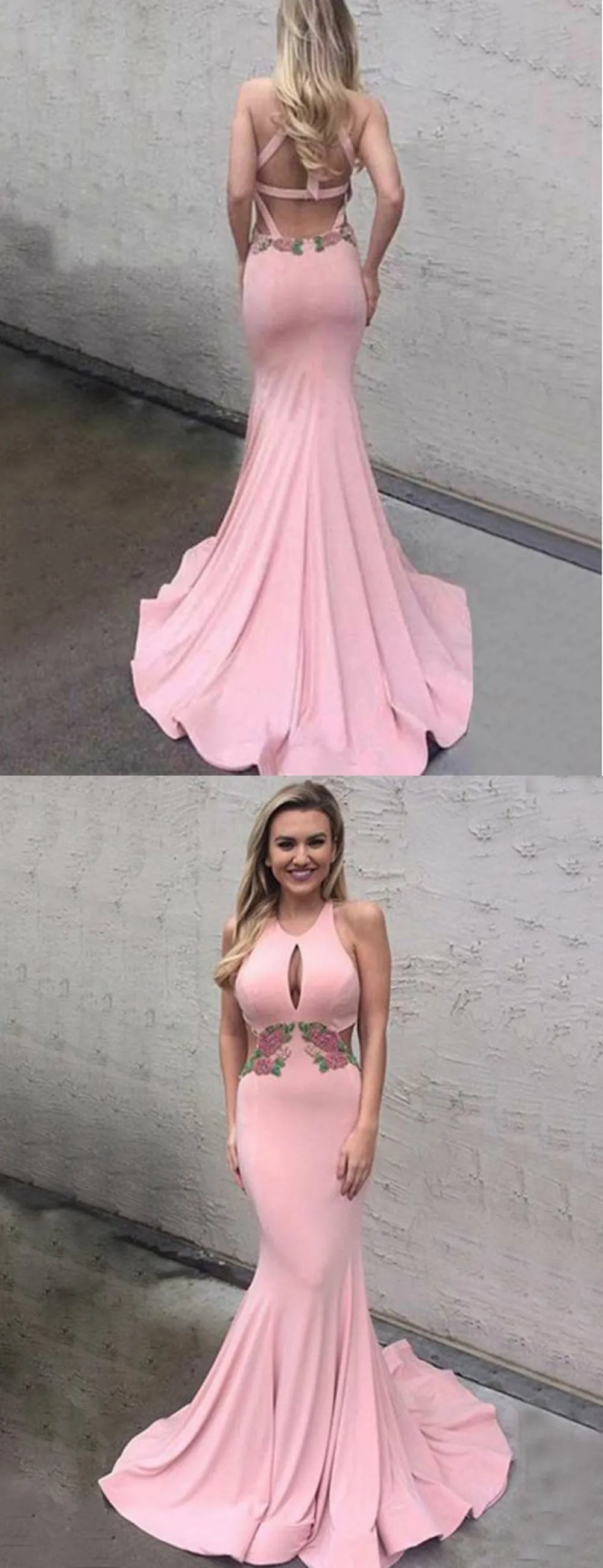 Pink Satin Applique Halter Mermaid Prom Dresses, DB1078