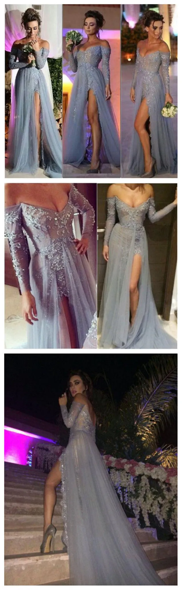 Popular Off Shoulder Long Sleeve Lace Sexy High Split Side  Elegant A-line Prom Dress  PD0021