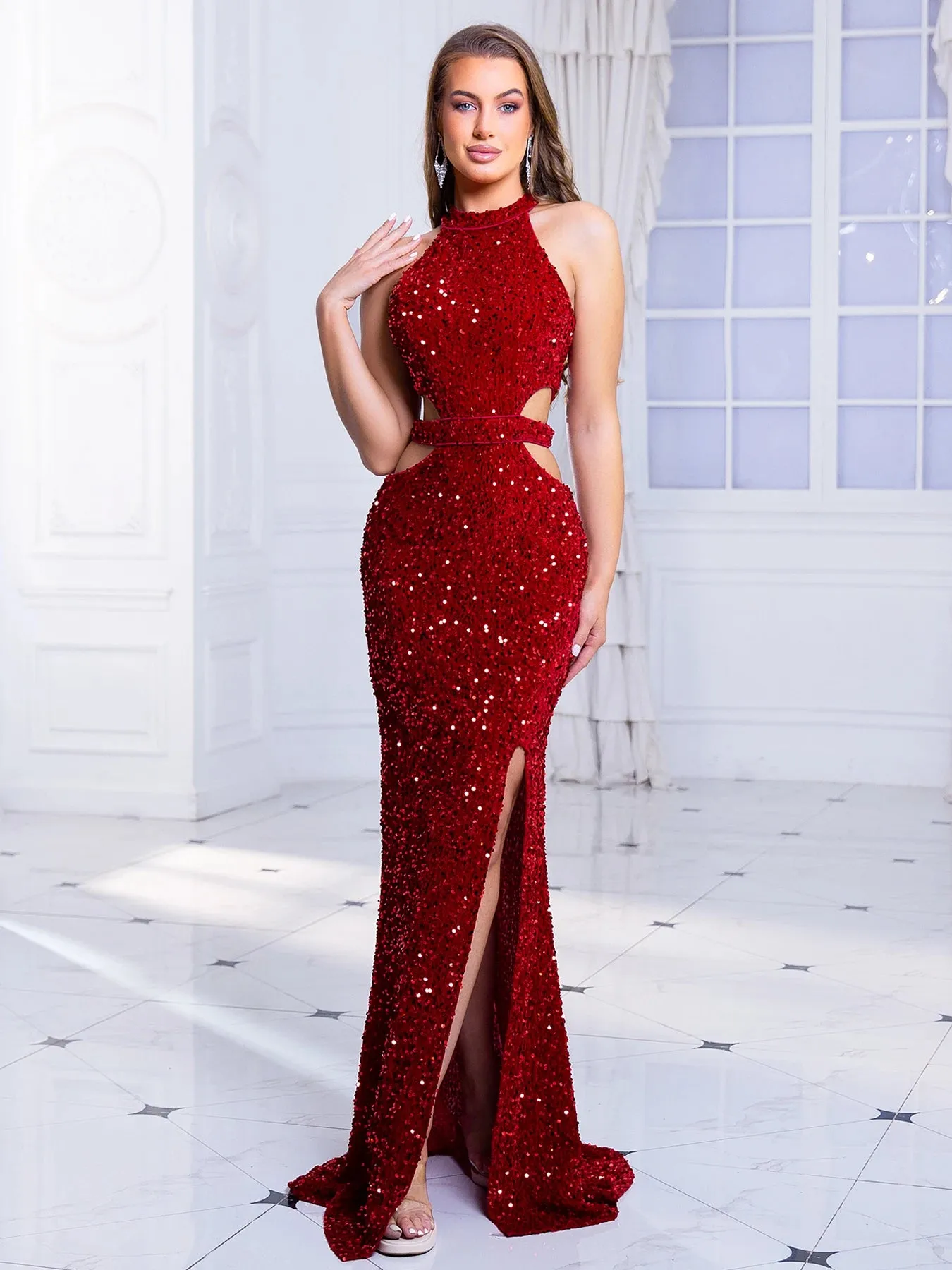 Prom Dress Neck Off Shoulder Evening Prom Gown Red Sexy Sequin Long Dress Split 2024 New