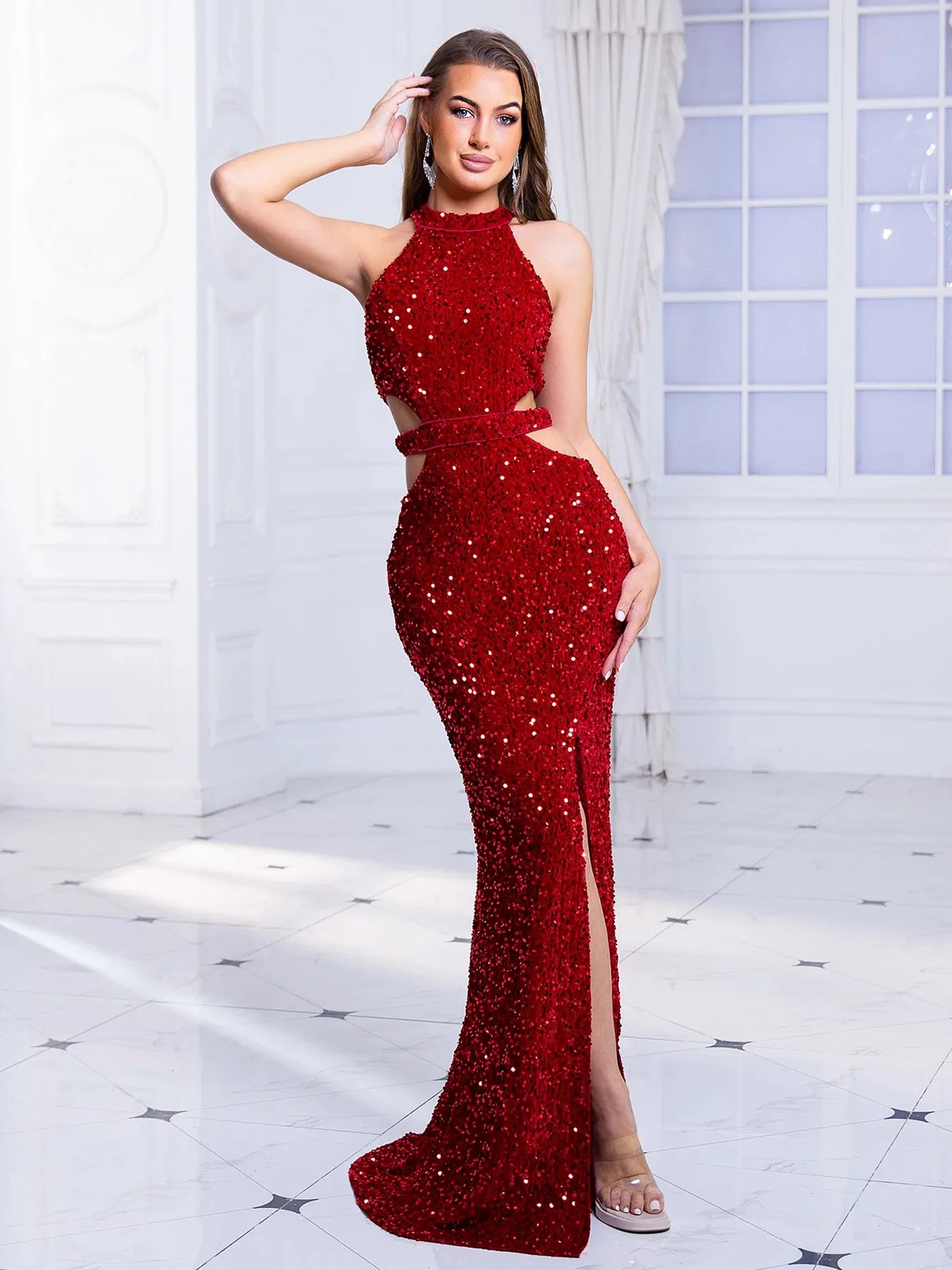 Prom Dress Neck Off Shoulder Evening Prom Gown Red Sexy Sequin Long Dress Split 2024 New