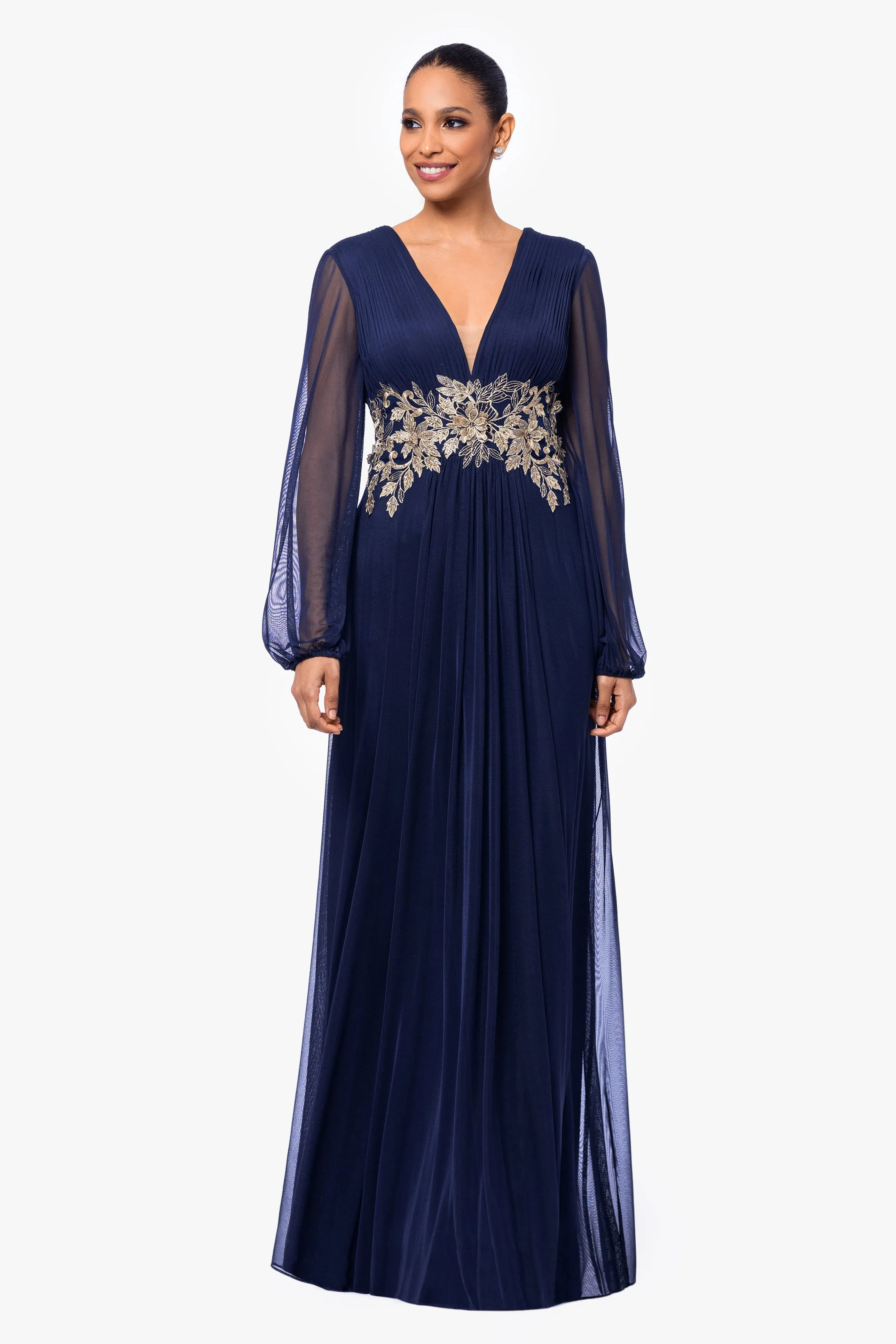 Rebecca Long Sleeve Mesh Floor Length Gown