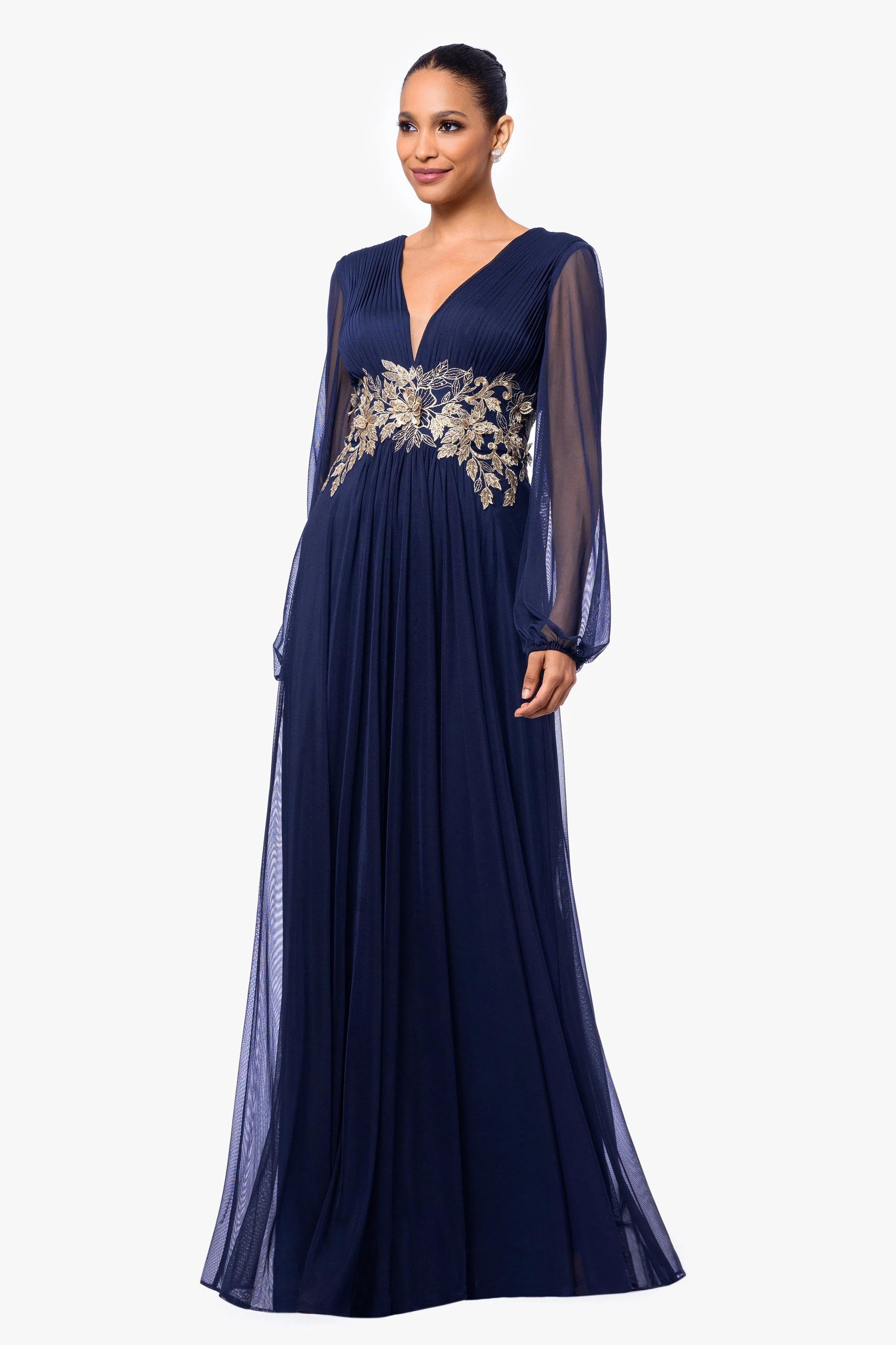 Rebecca Long Sleeve Mesh Floor Length Gown