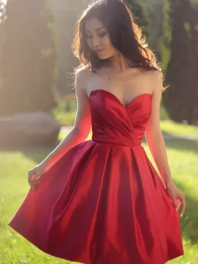 Red Satin Strapless Simple Cheap Homecoming Dresses ,BD0204