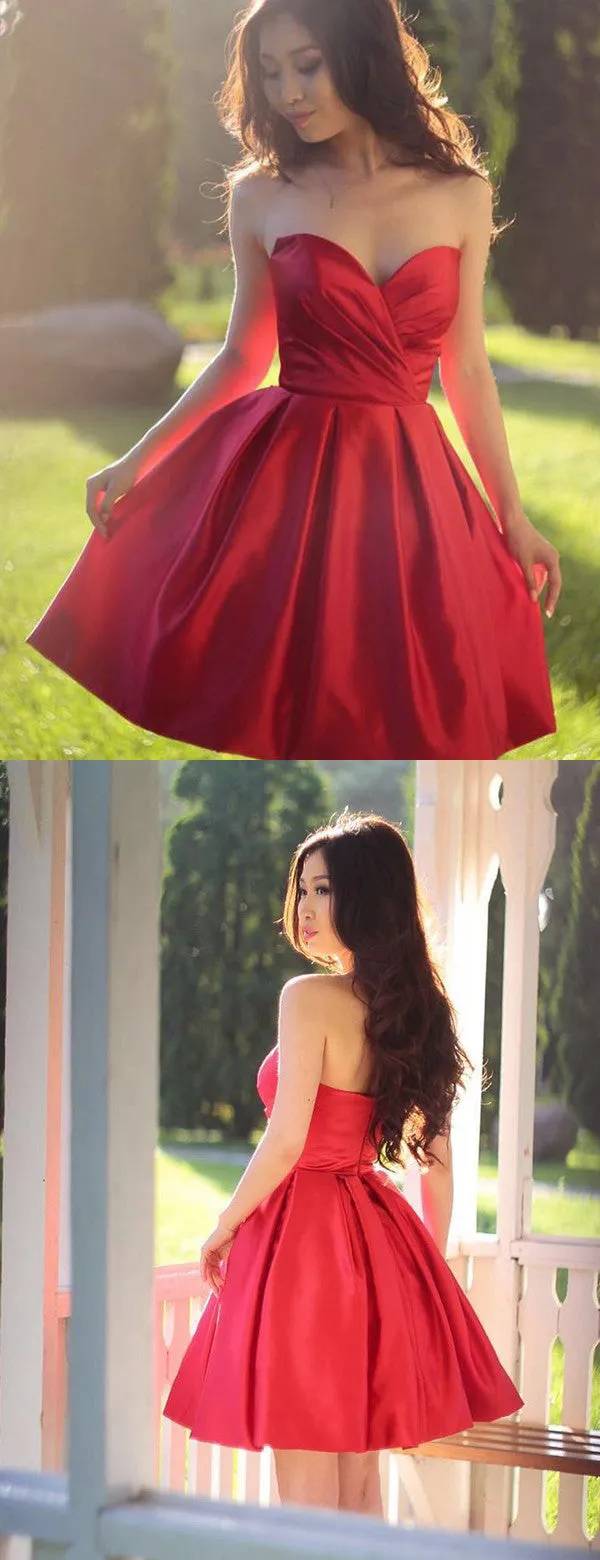 Red Satin Strapless Simple Cheap Homecoming Dresses ,BD0204